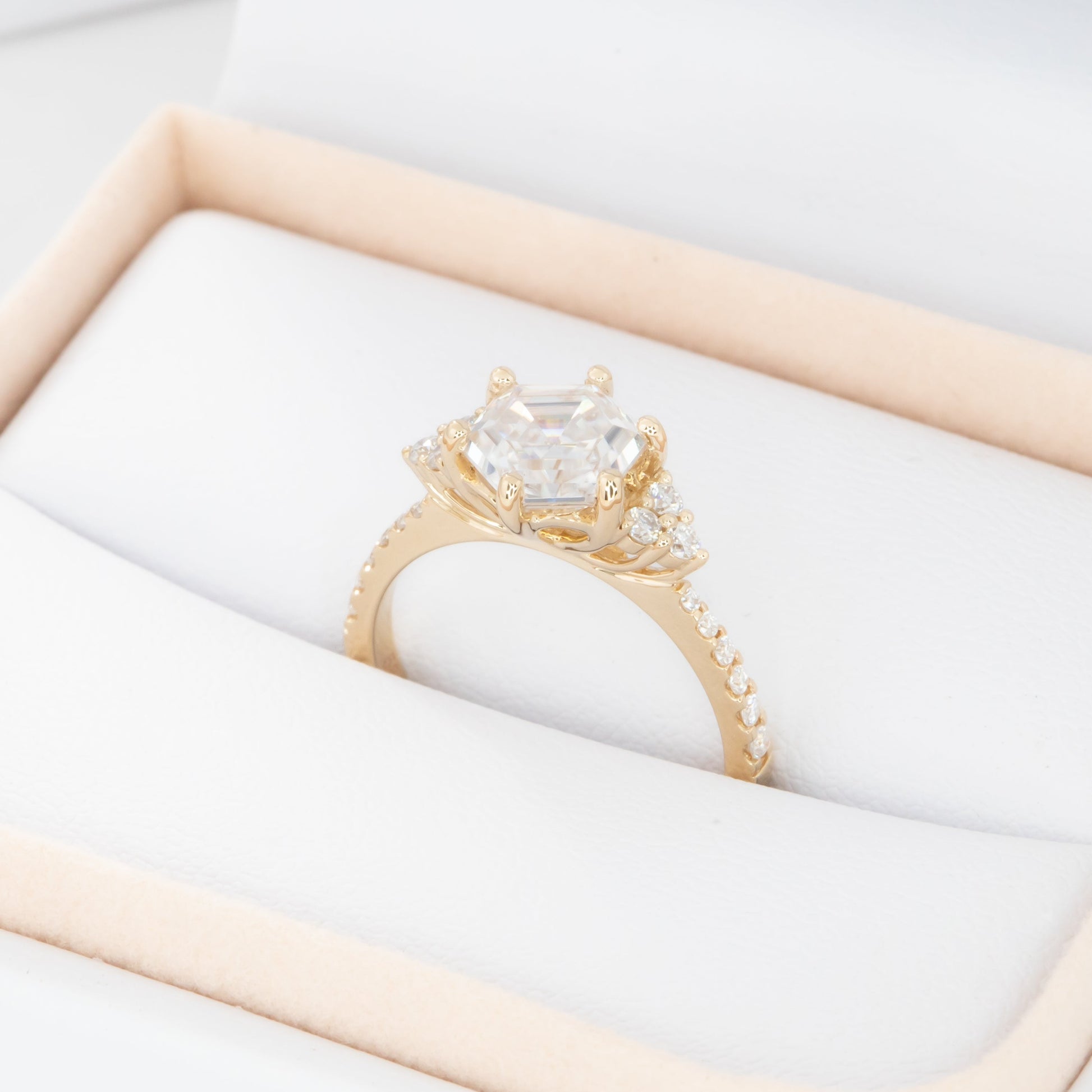 juliette engagement ring with yellow gold and hex cut moissanite 