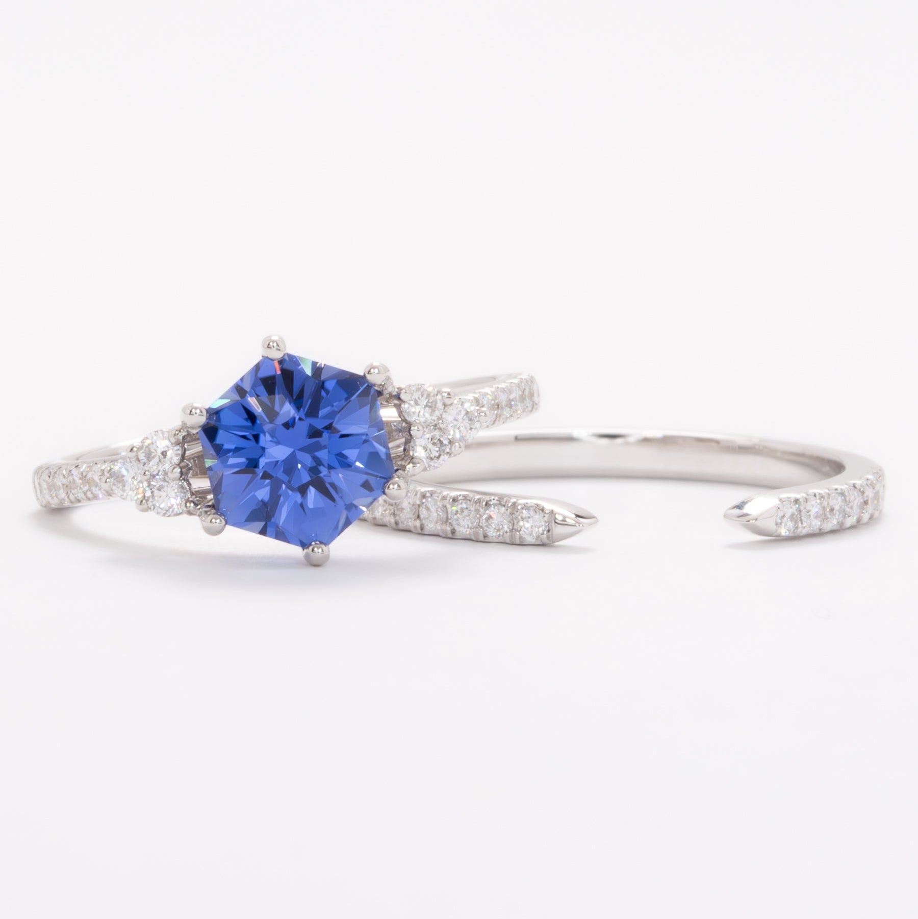 juliette wedding set with blue hex cut lab sapphire