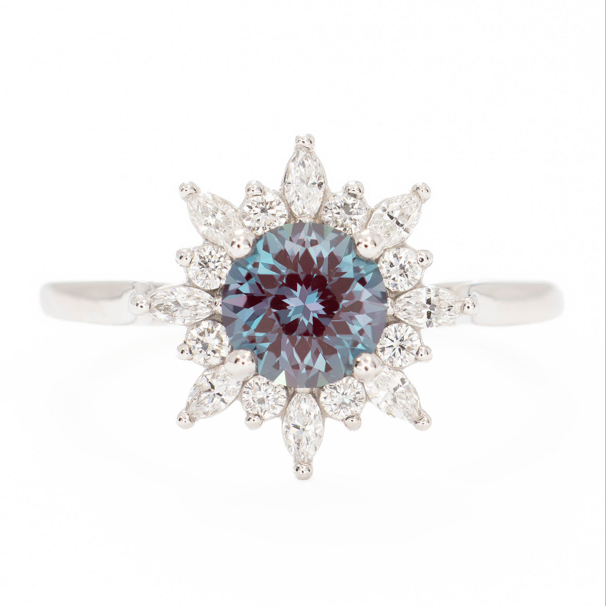 kenna halo engagement ring in white gold with round lab alexandrite