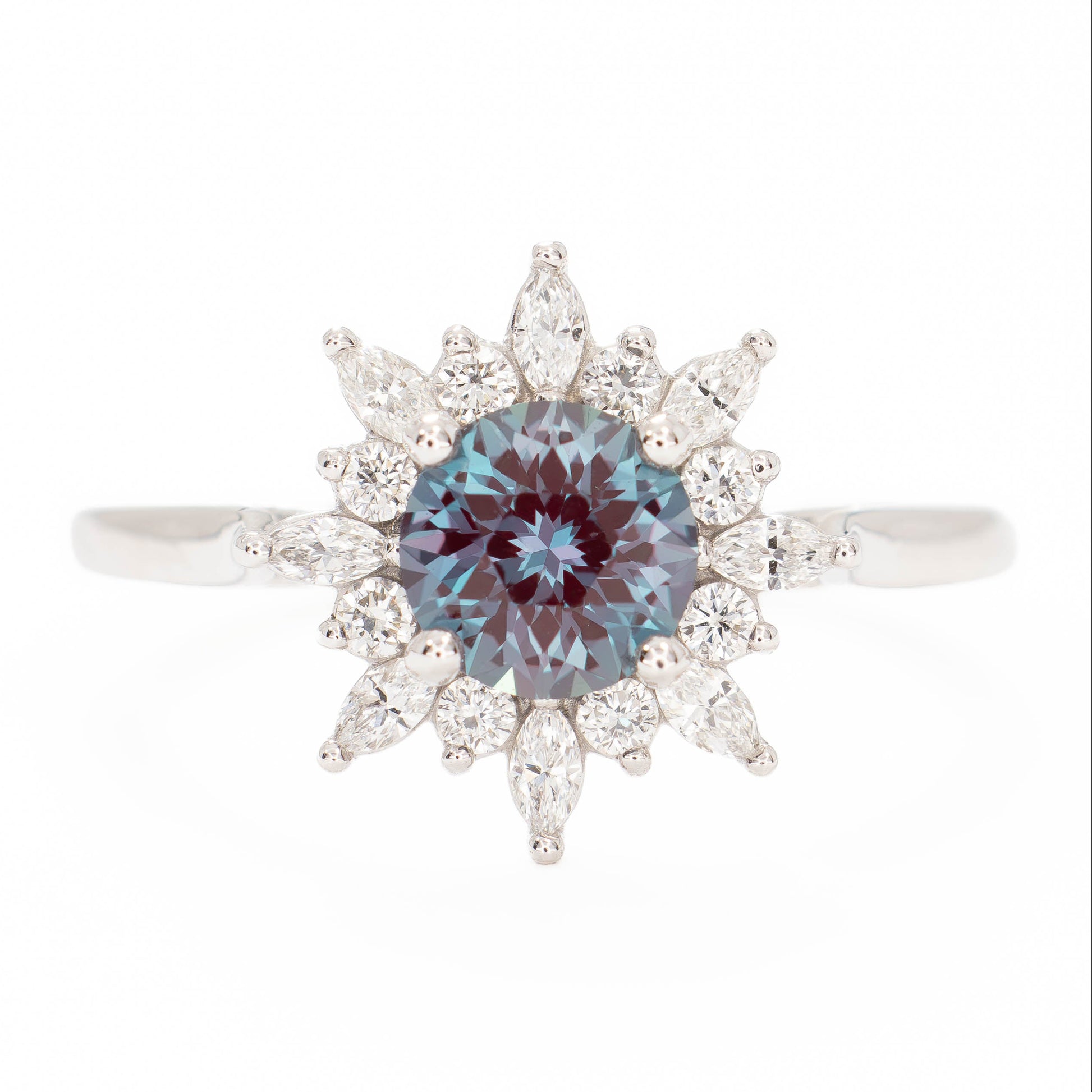kenna halo engagement ring in white gold with round lab alexandrite