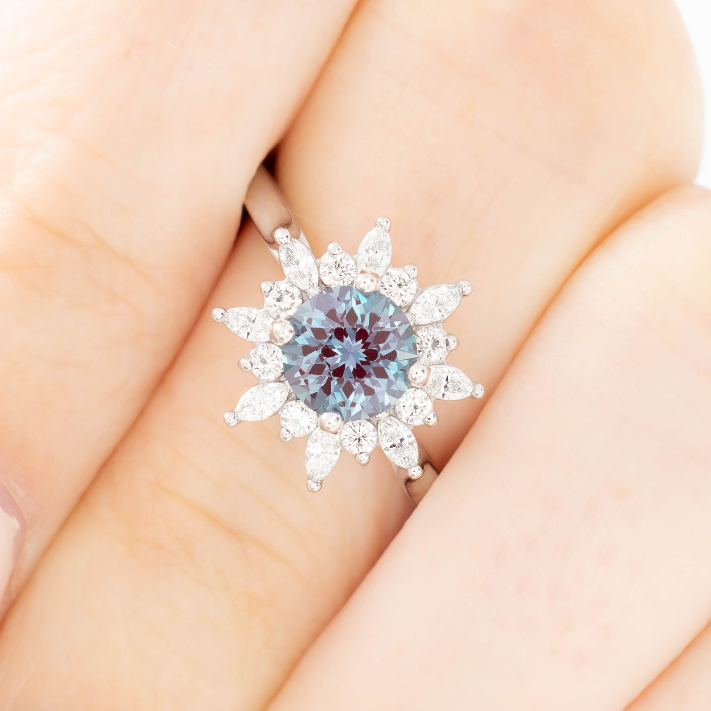kenna halo engagement ring in white gold with round lab alexandrite