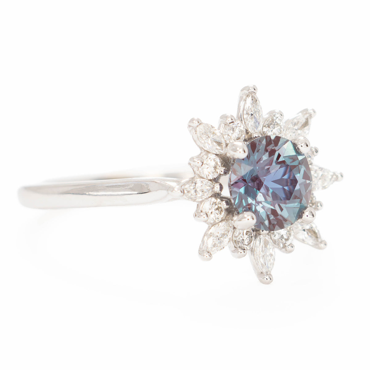 kenna halo engagement ring in white gold with round lab alexandrite