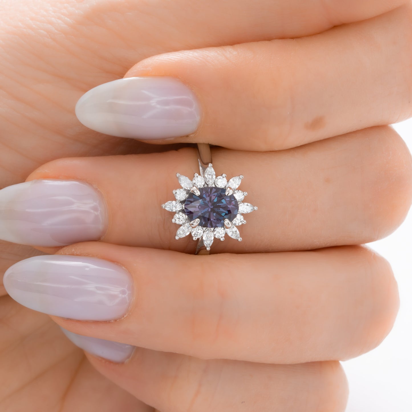 kenna halo engagement ring with oval lab alexandrite