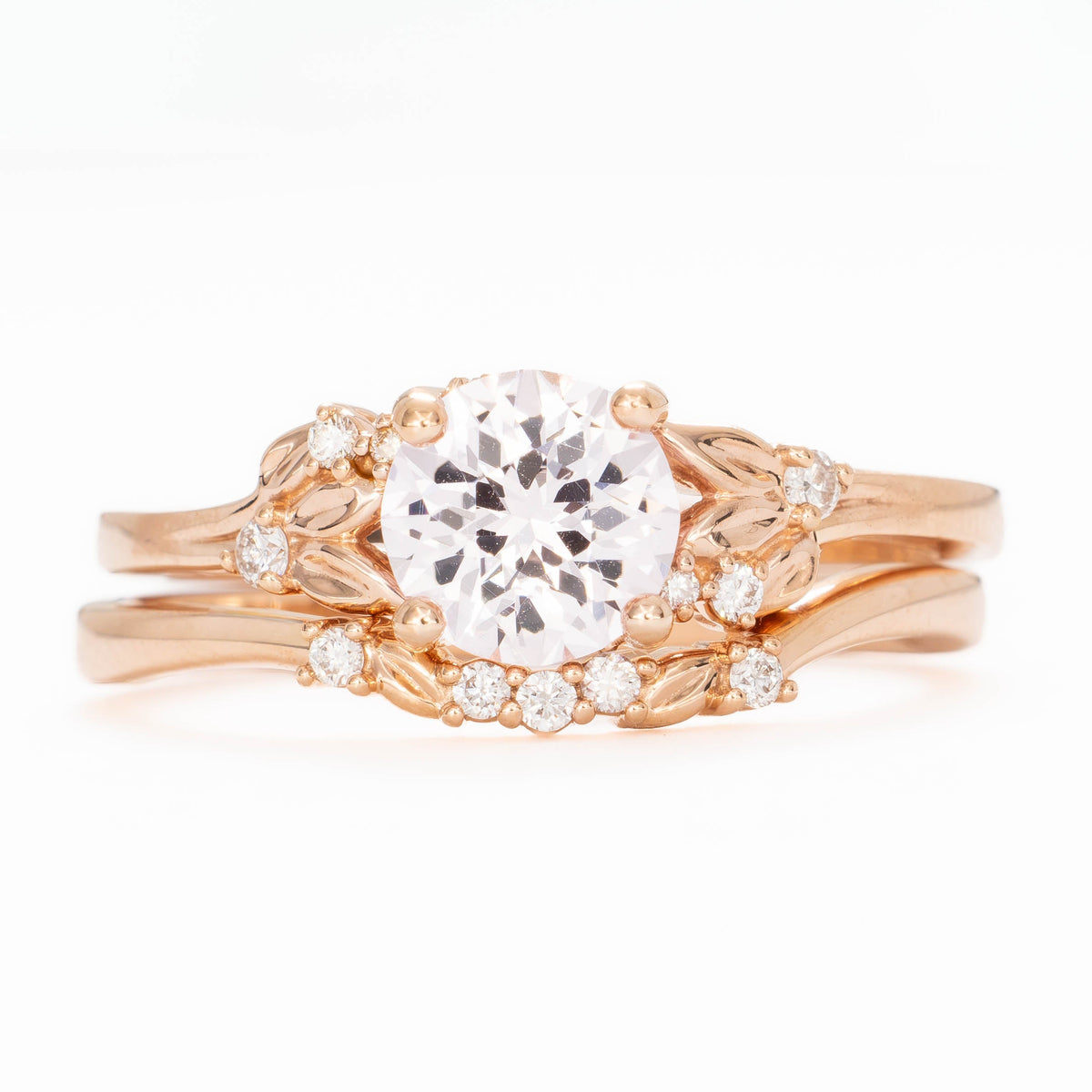 kinsley nature inspired wedding set in rose gold with pink round lab sapphire