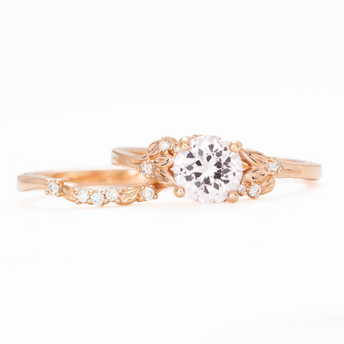 kinsley nature inspired wedding set in rose gold with pink round lab sapphire