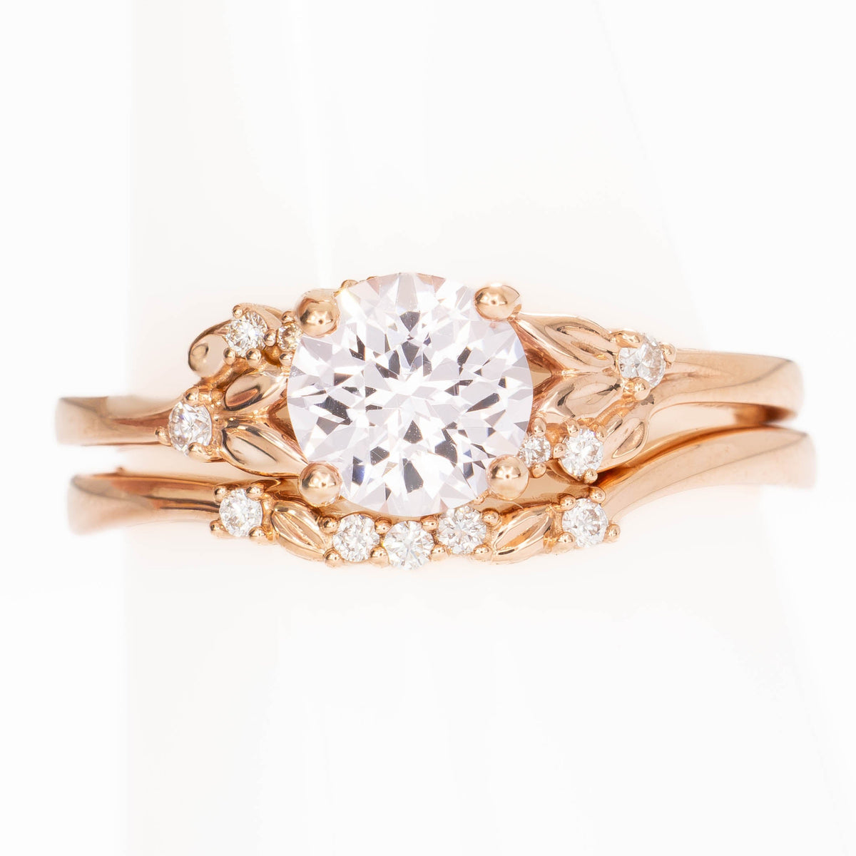 kinsley nature inspired wedding set in rose gold with pink round lab sapphire