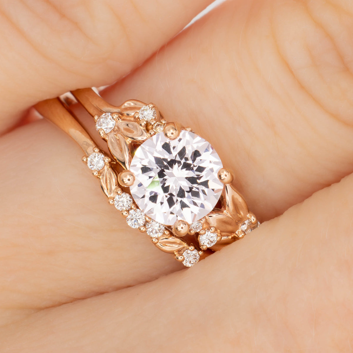 kinsley nature inspired wedding set in rose gold with pink round lab sapphire