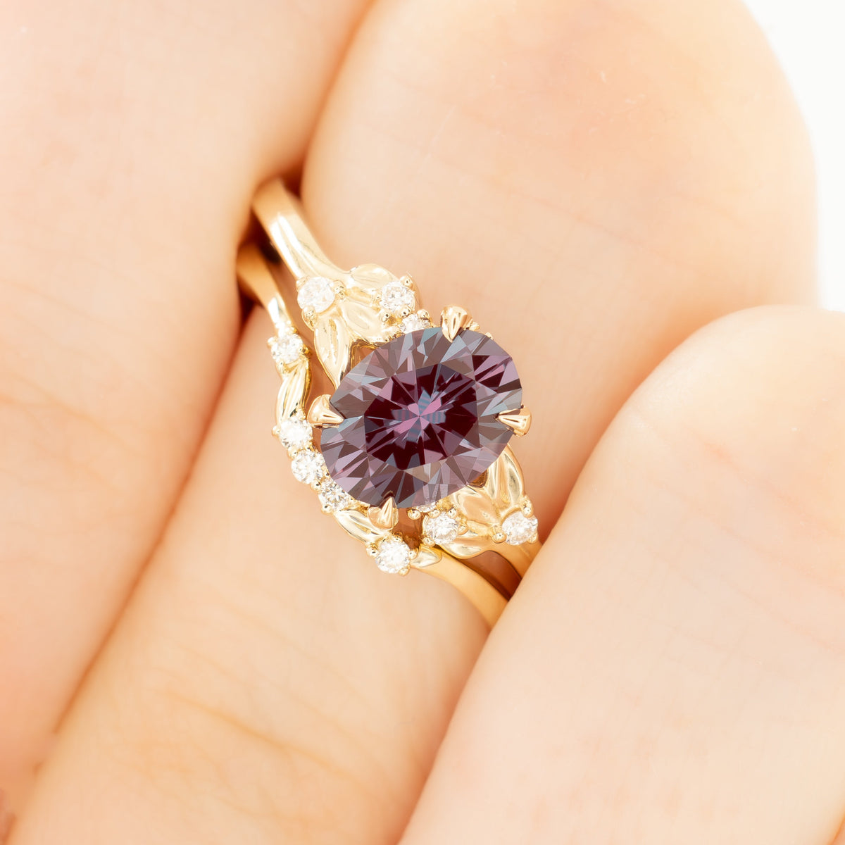 kinsley nature inspired wedding set in yellow gold with oval lab alexandrite