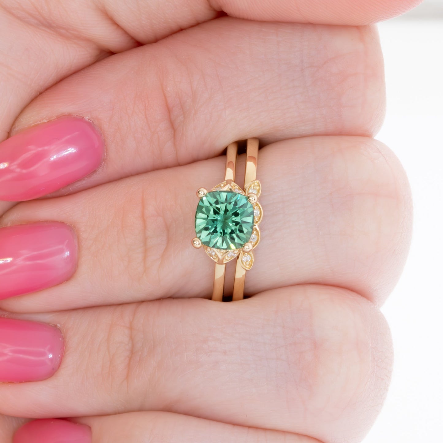 krystal wedding set with green lab sapphire cushion