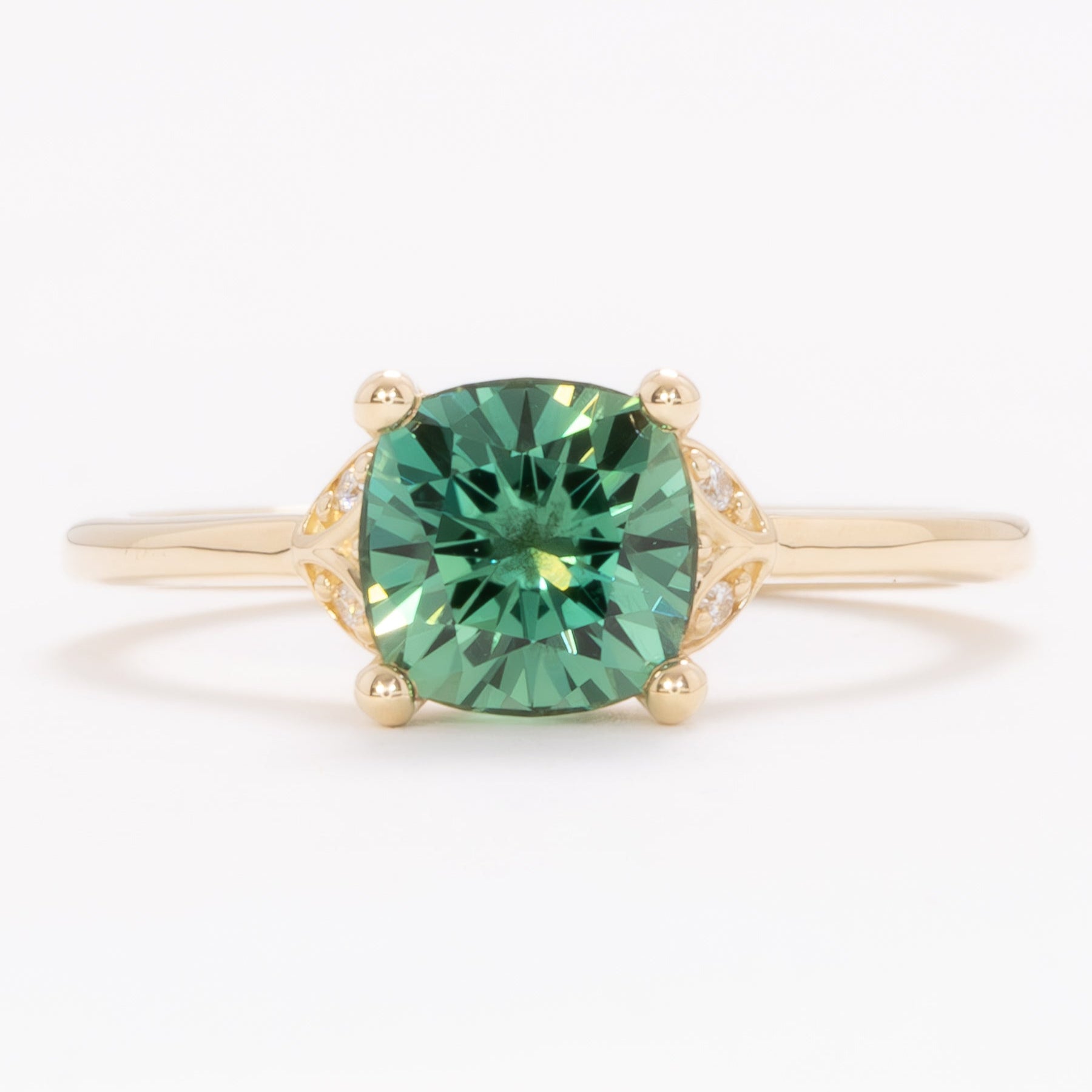 krystal wedding set with green lab sapphire cushion