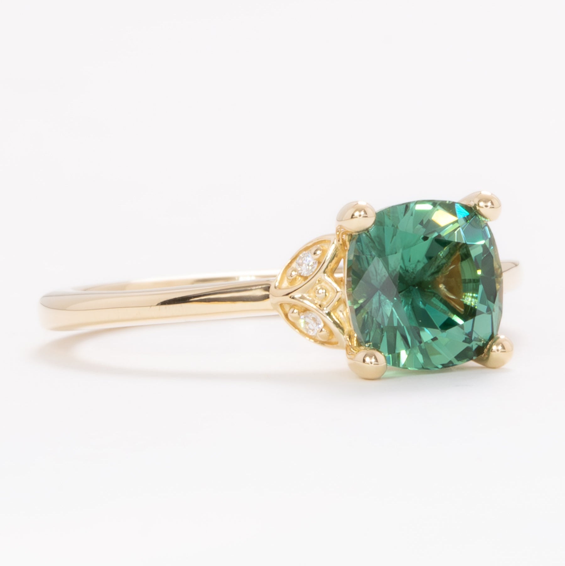 krystal wedding set with green lab sapphire cushion