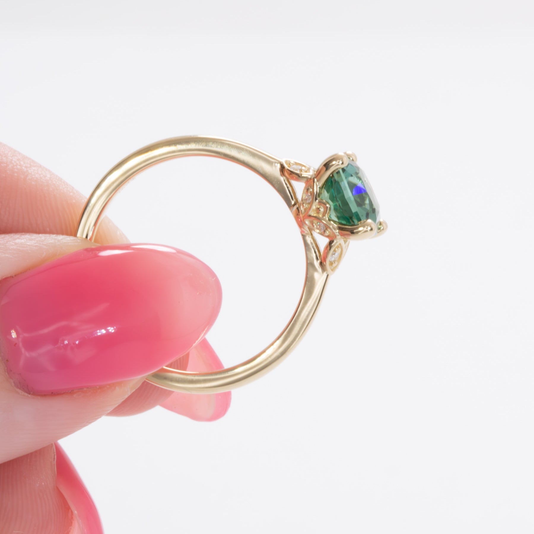 krystal wedding set with green lab sapphire cushion