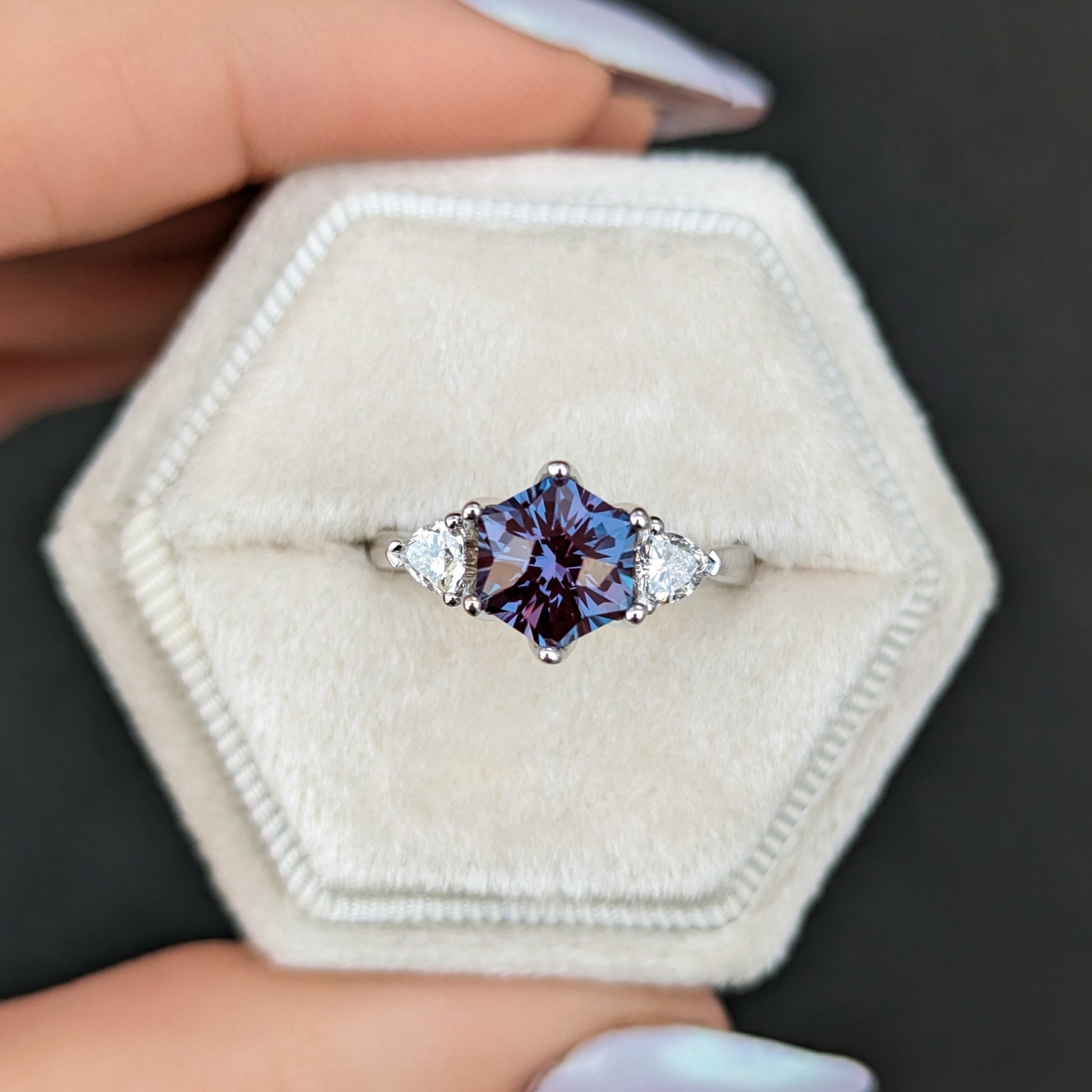 lab alexandrite hex engagement ring with lab diamonds