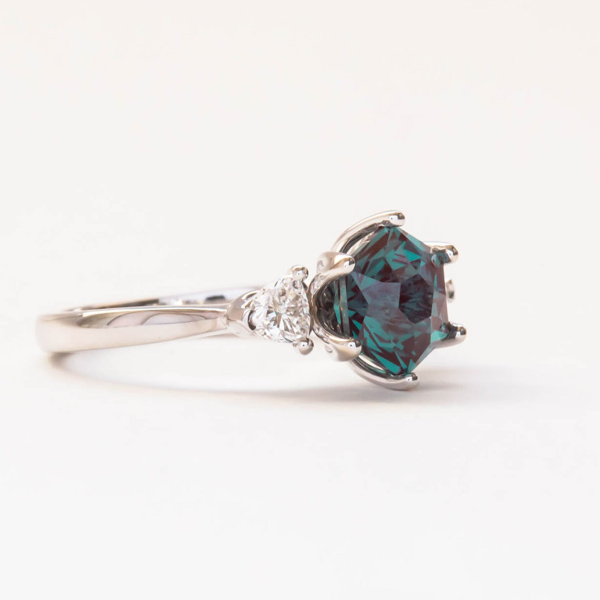lab alexandrite hex engagement ring with lab diamonds
