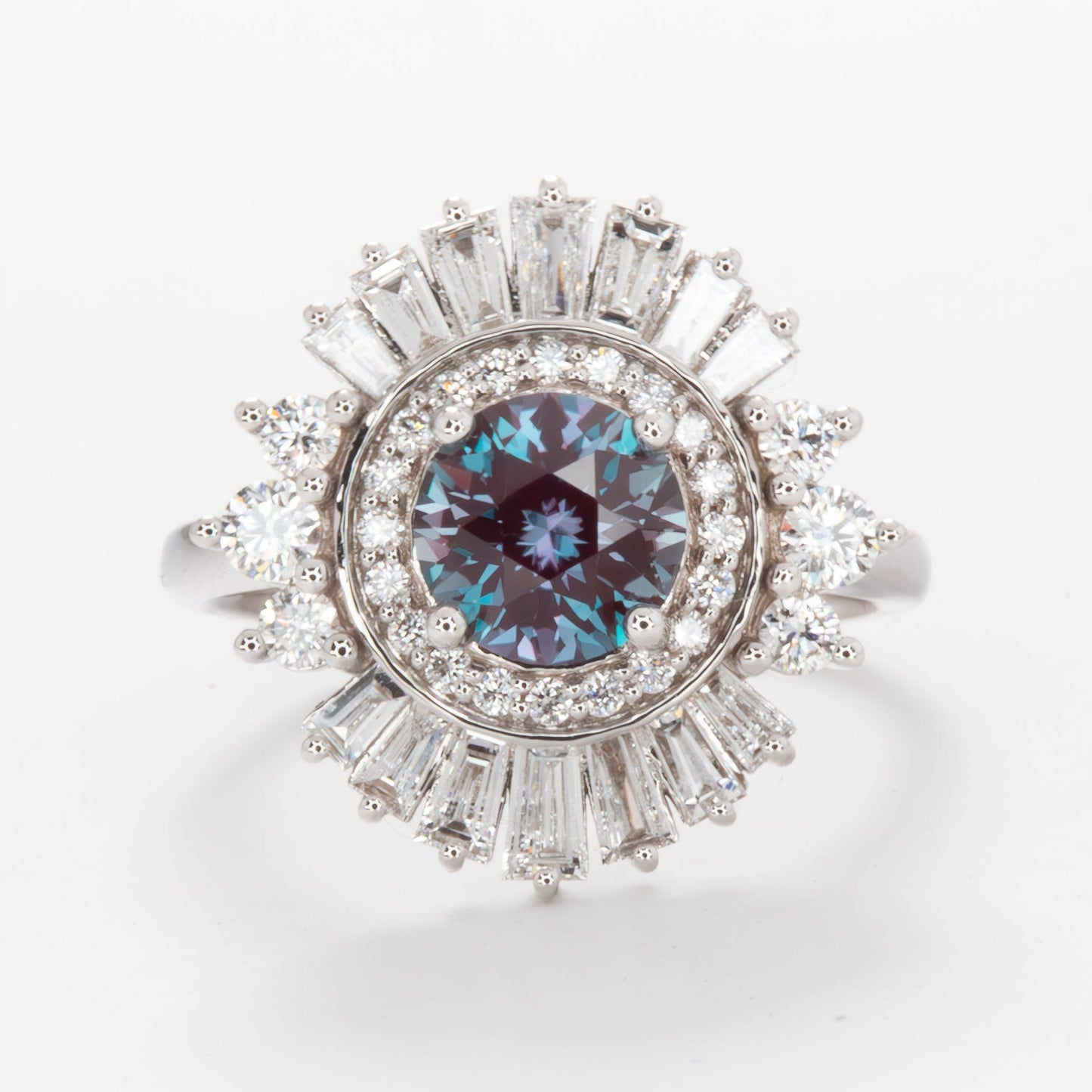 lab diamond and alexandrite halo engagement ring