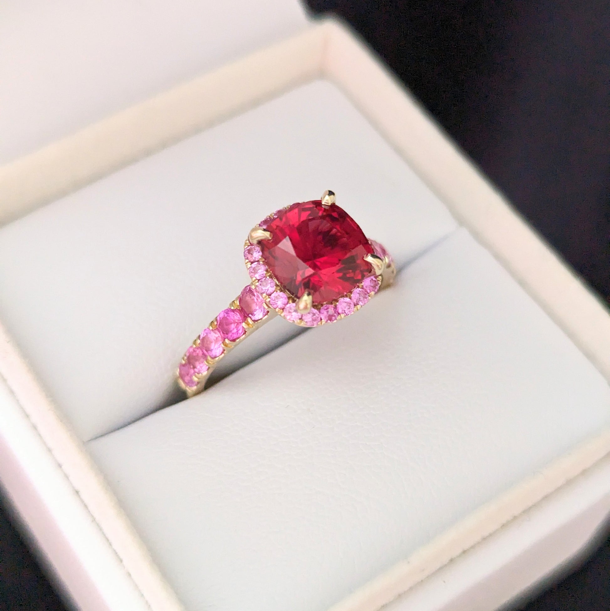 lab ruby engagement ring with pink lab sapphire halo