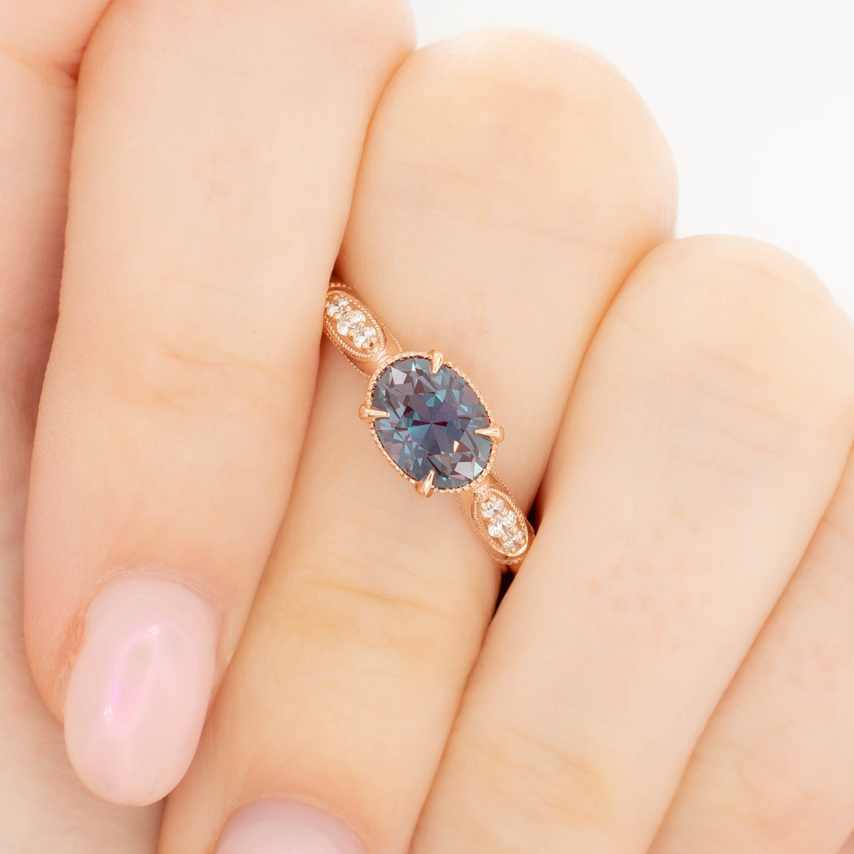 leah accented ring in rose gold with oval lab alexandrite
