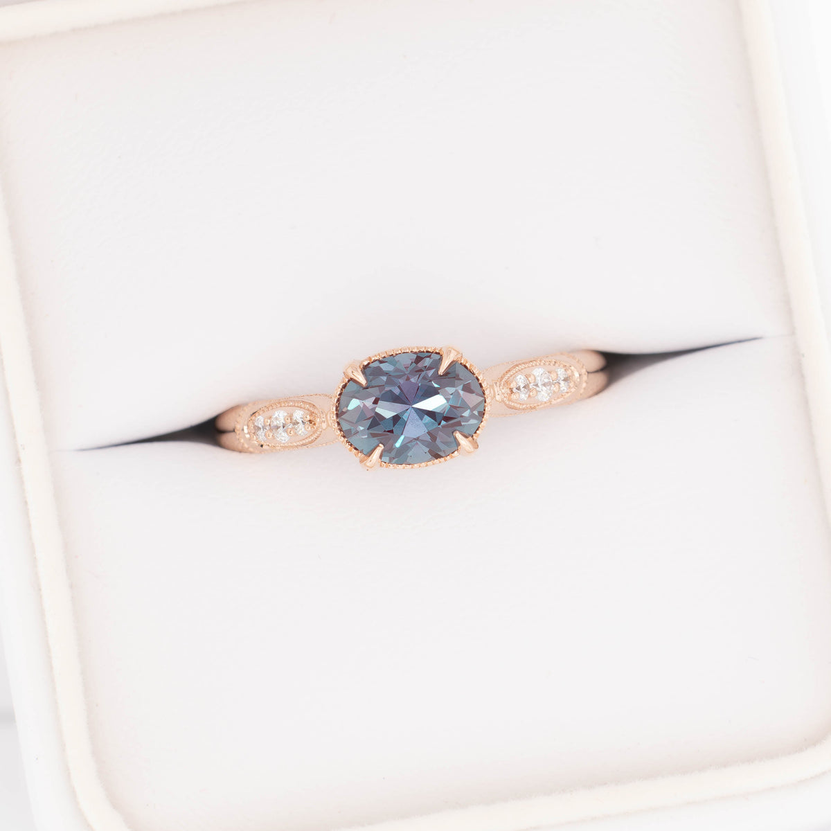leah accented ring in rose gold with oval lab alexandrite