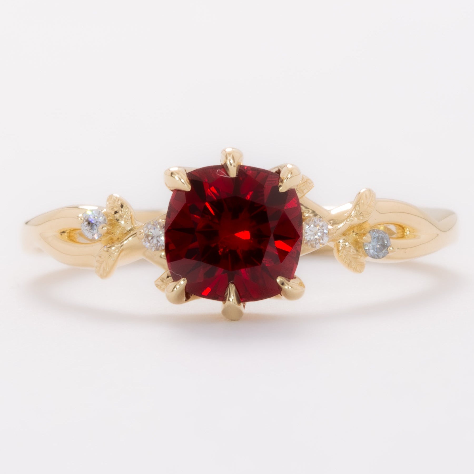 lillian nature inspired engagement ring with cushion lab ruby