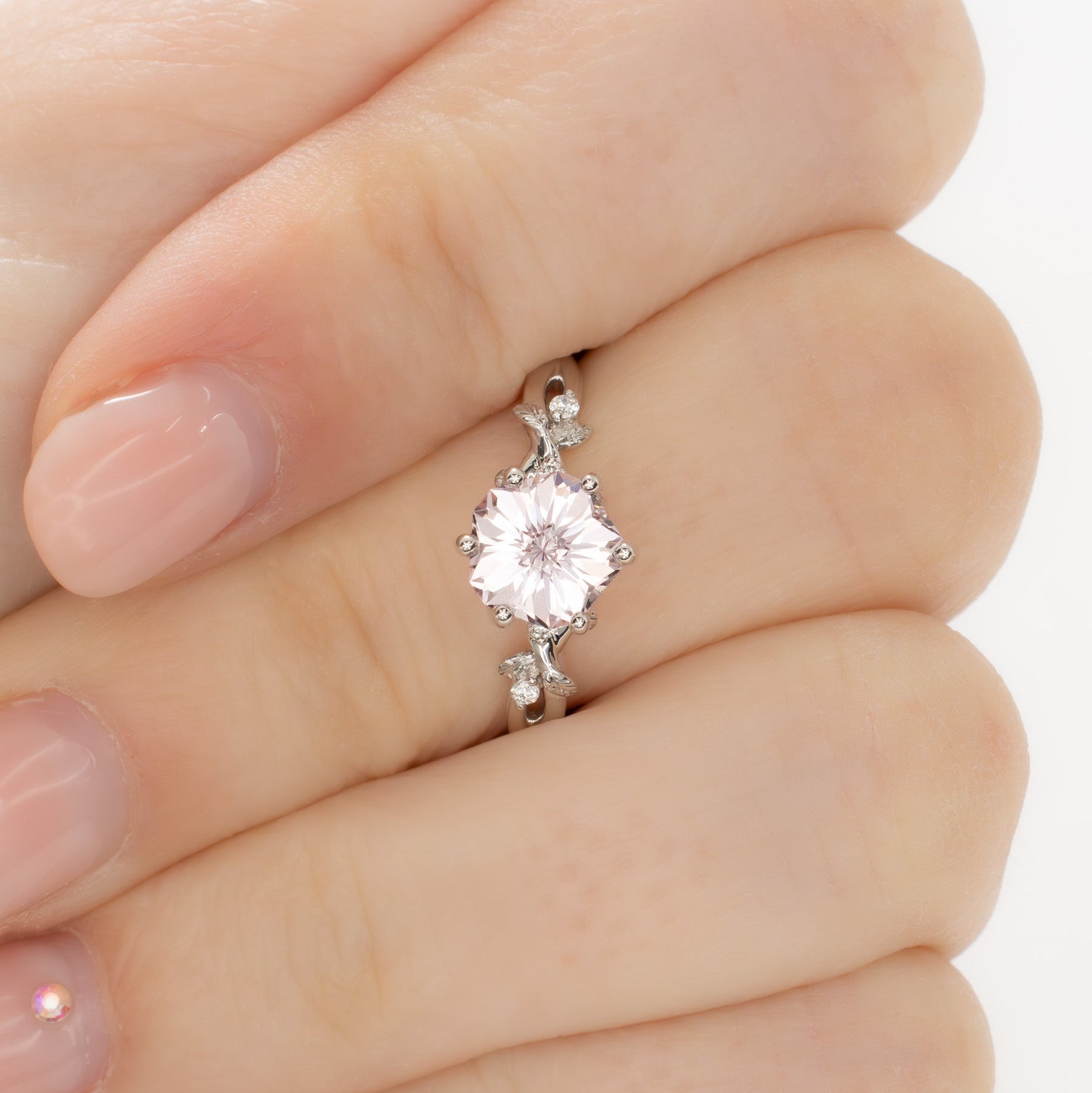 lillian nature inspired engagement ring with peach lab sapphire hanami