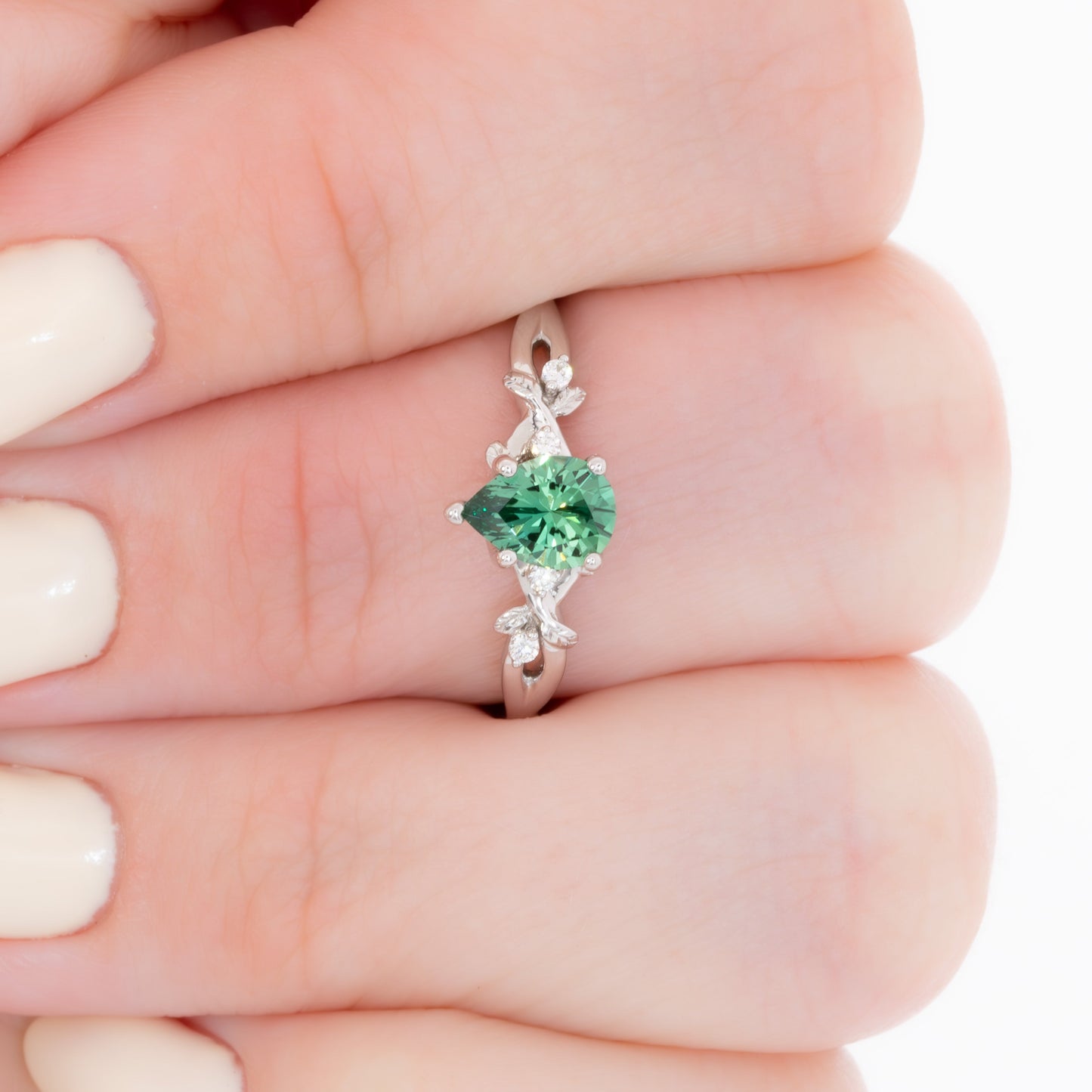 lillian nature inspired ring with pear green lab sapphire