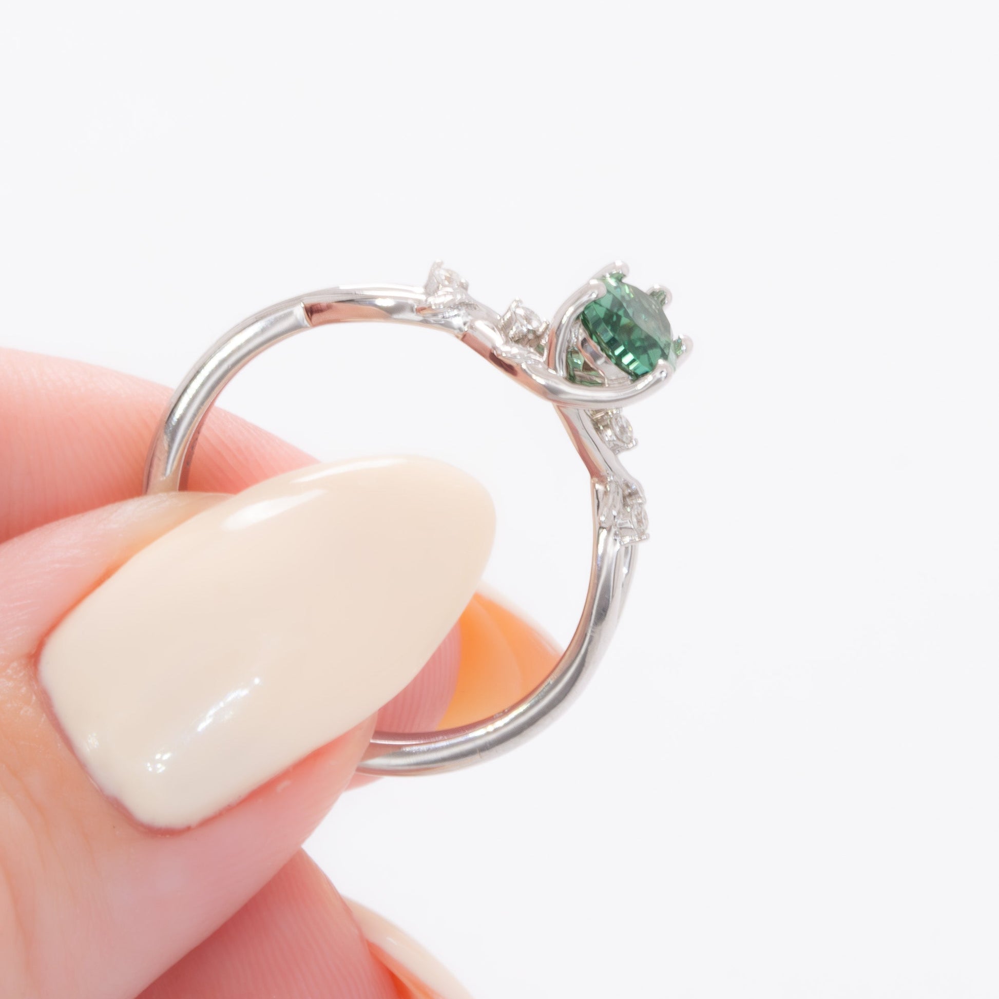 lillian nature inspired ring with pear green lab sapphire