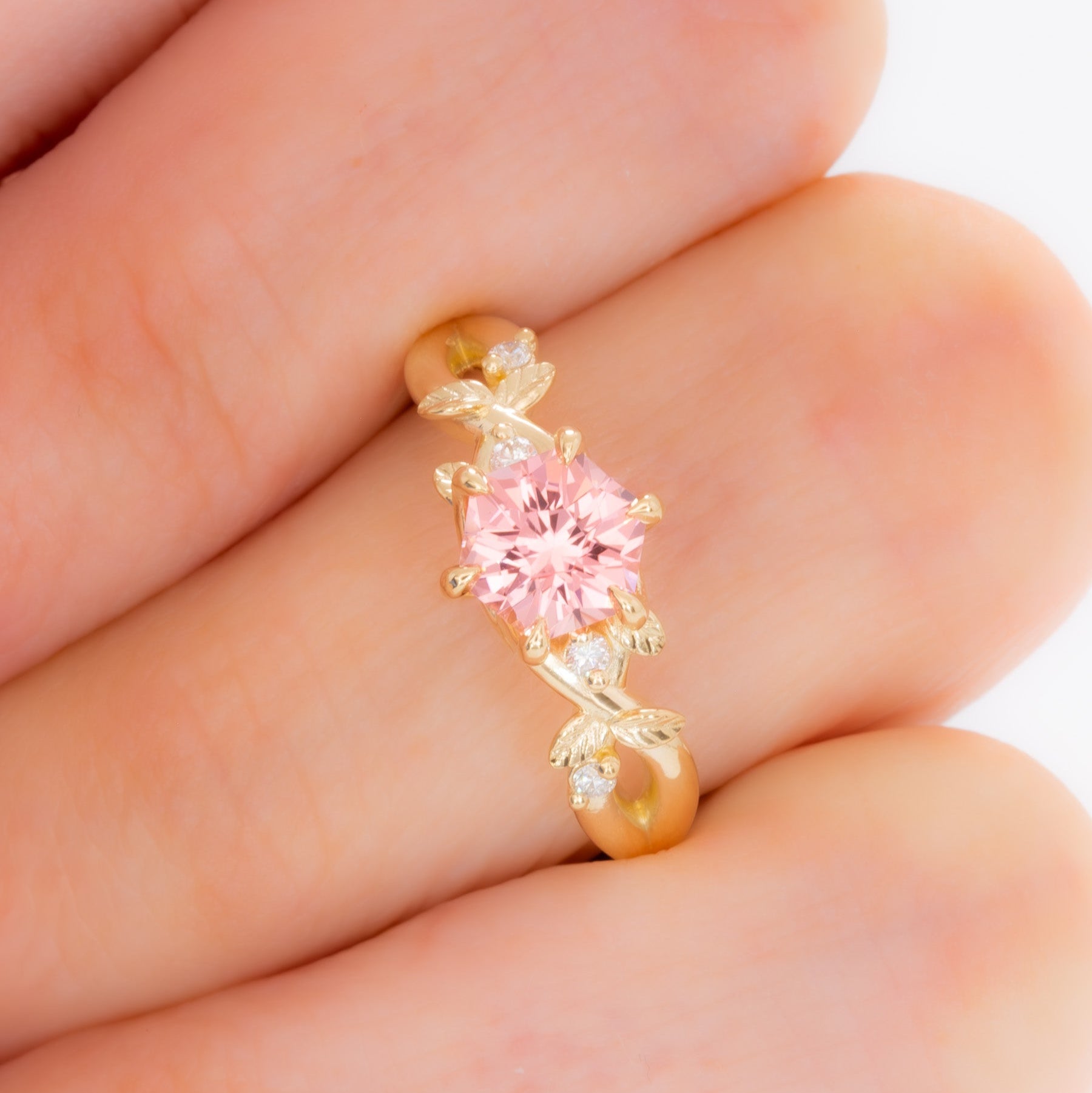 lillian nature inspired ring with pink hex cut lab sapphire