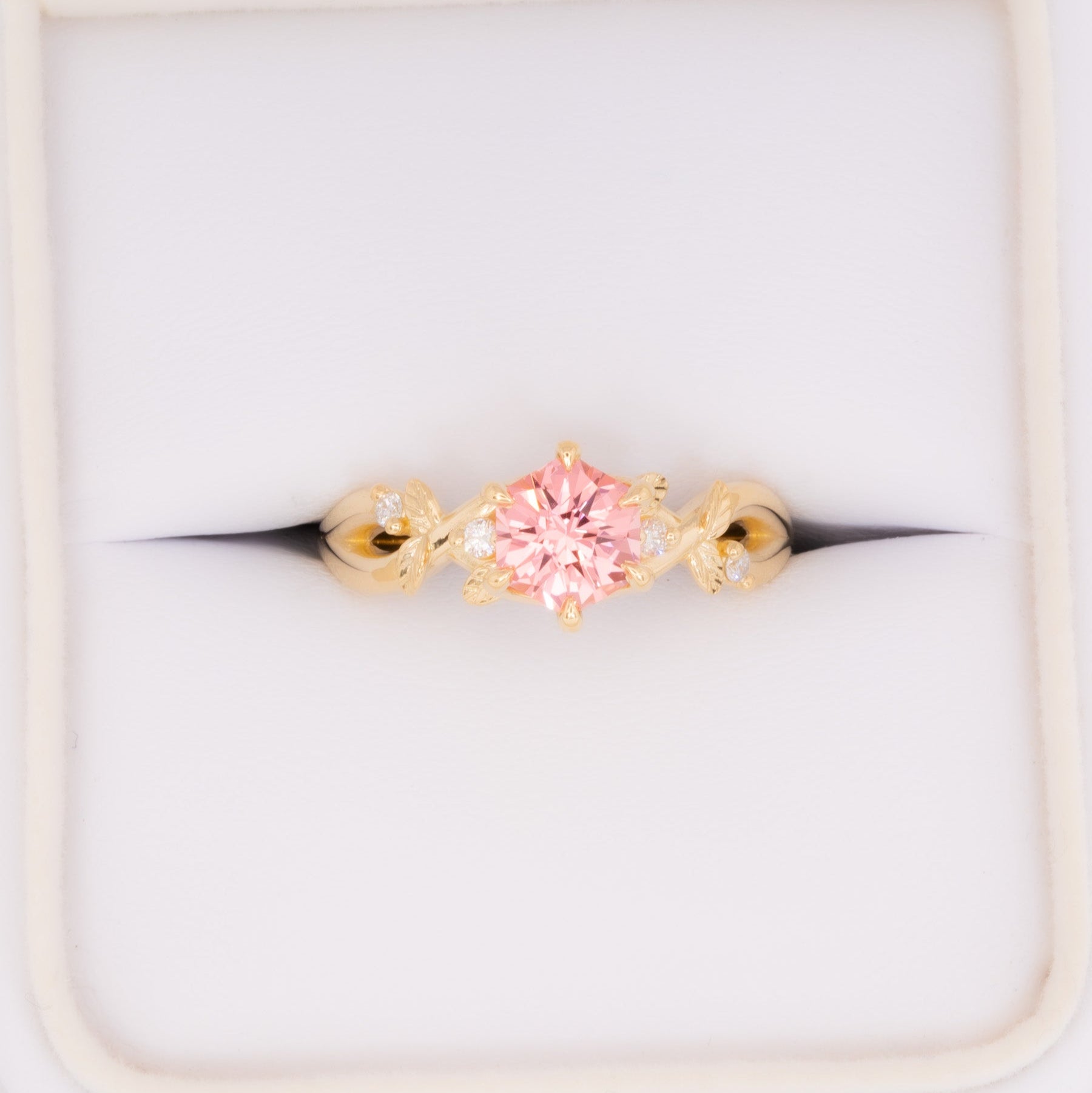 lillian nature inspired ring with pink hex cut lab sapphire