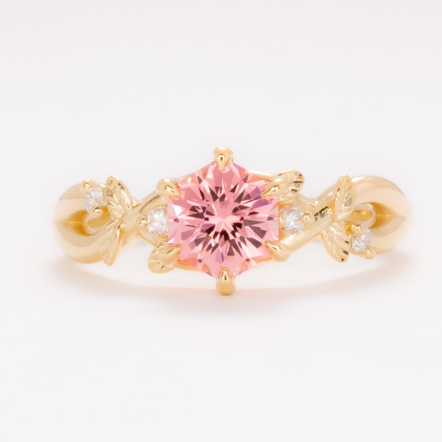 lillian nature inspired ring with pink hex cut lab sapphire
