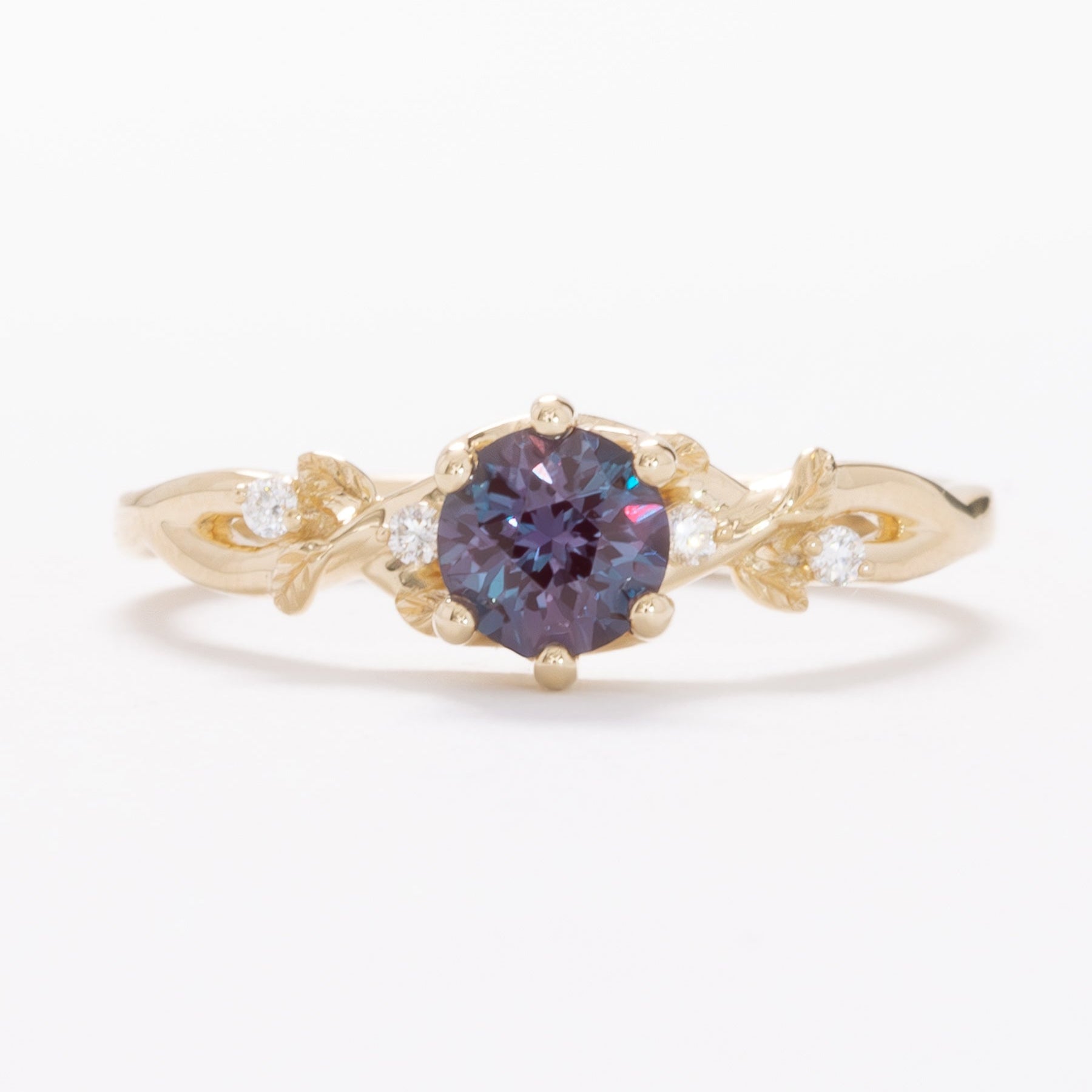 lillian nature inspired wedding set with round lab alexandrite