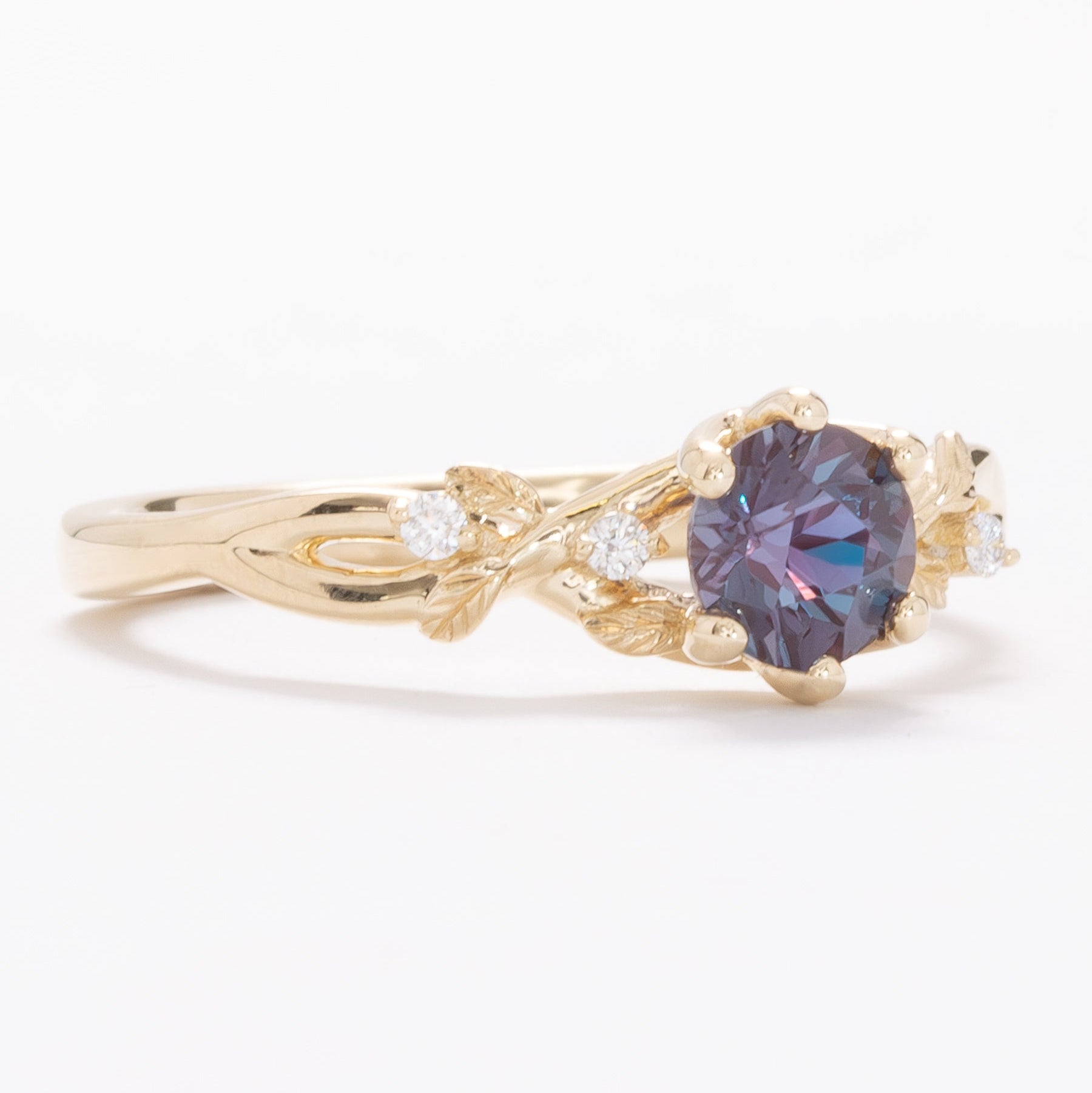 lillian nature inspired wedding set with round lab alexandrite