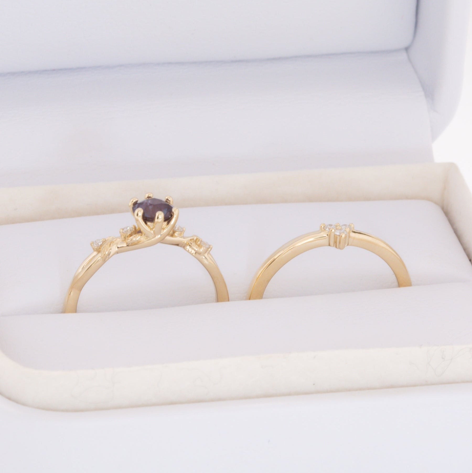 lillian nature inspired wedding set with round lab alexandrite