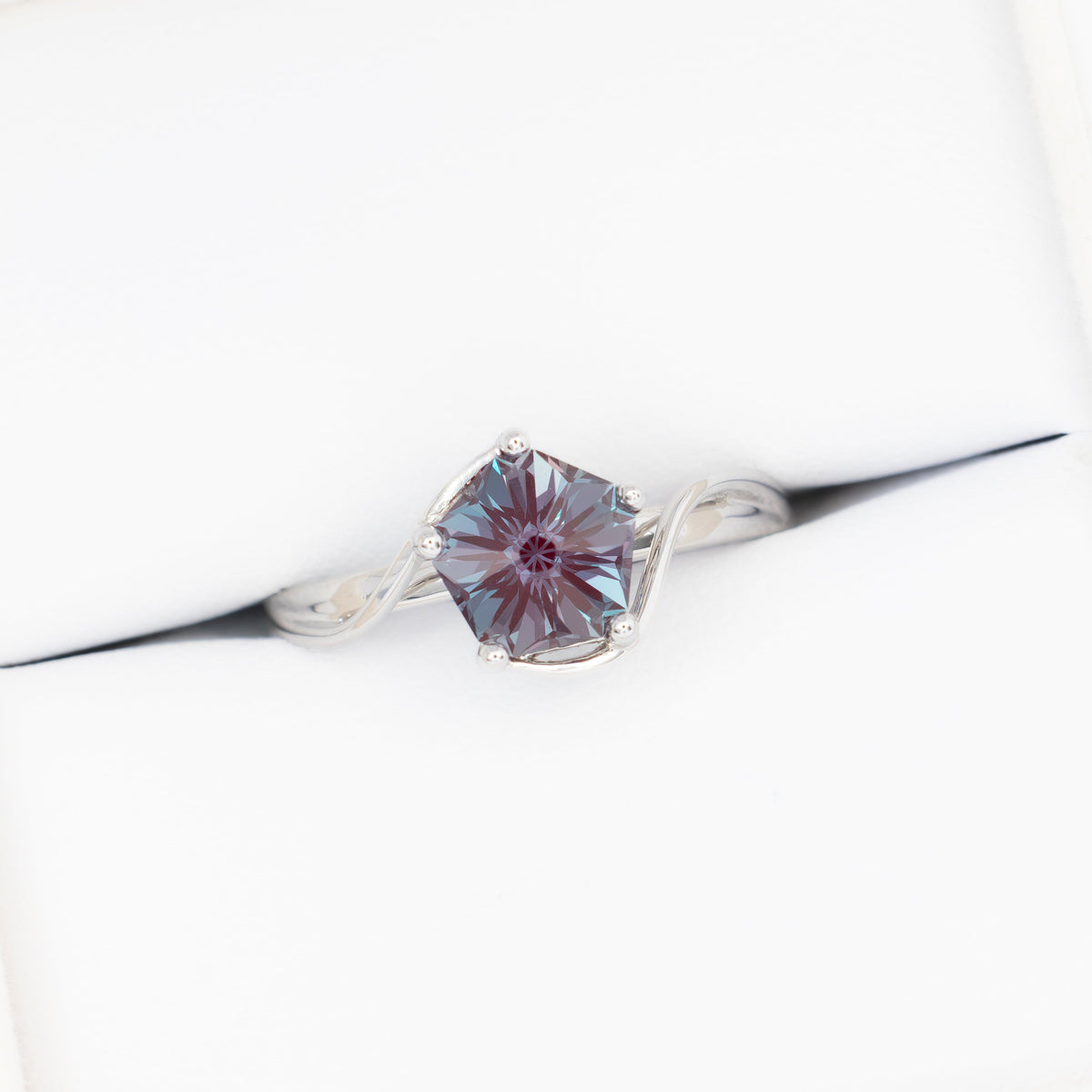 liyana bypass solitaire in white gold with hanami flower lab alexandrite