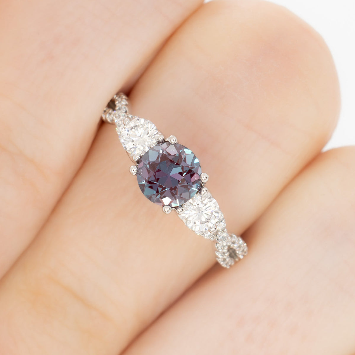 louella accented three stone ring in white gold with round lab alexandrite
