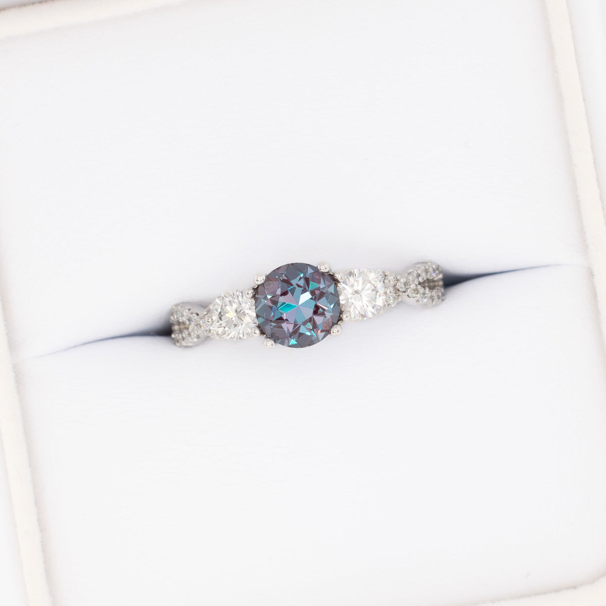 louella accented three stone ring in white gold with round lab alexandrite