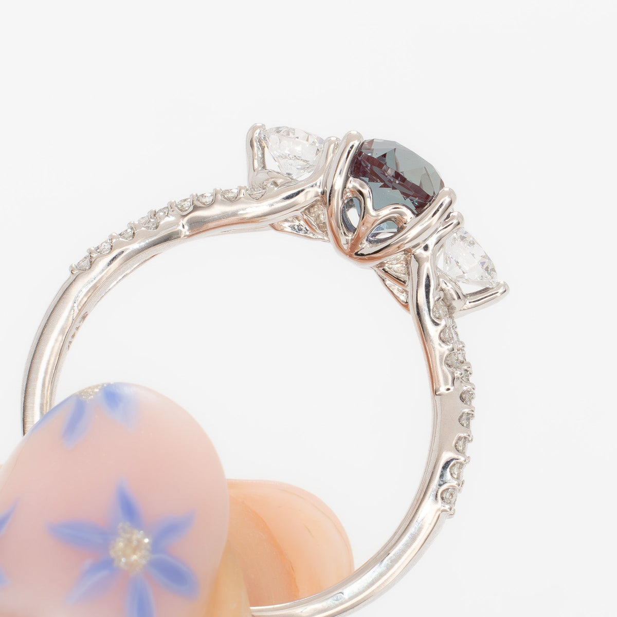 louella accented three stone ring in white gold with round lab alexandrite