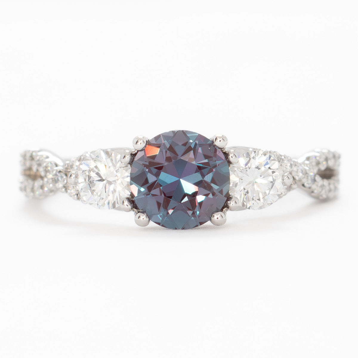 louella accented three stone ring in white gold with round lab alexandrite