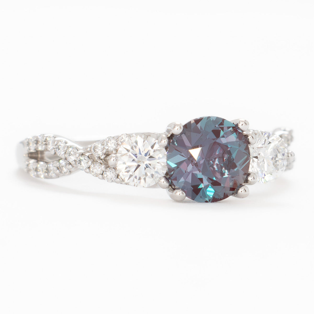 louella accented three stone ring in white gold with round lab alexandrite