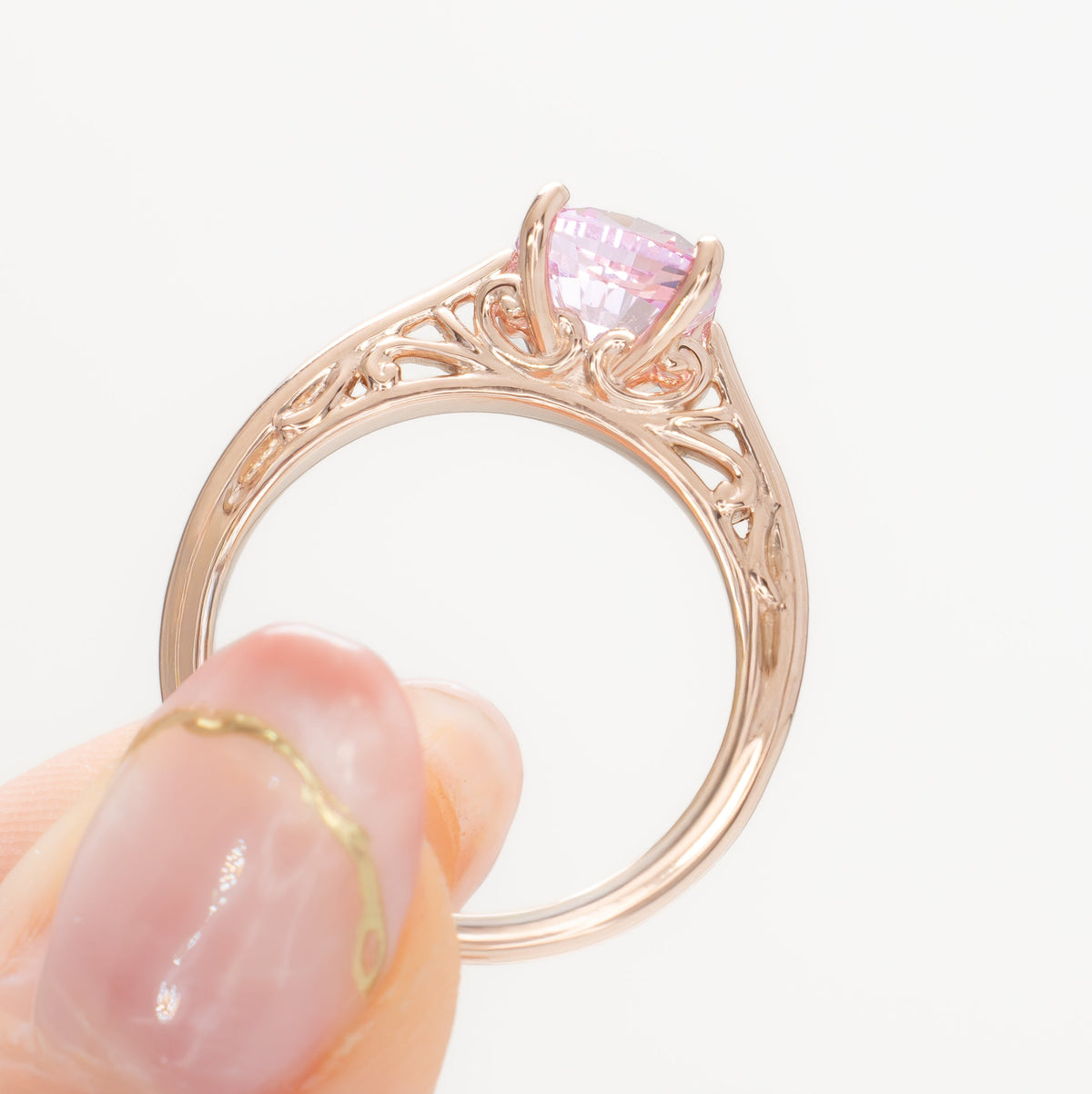 lyric solitaire ring in rose gold with blush pink lab sapphire nova cushion