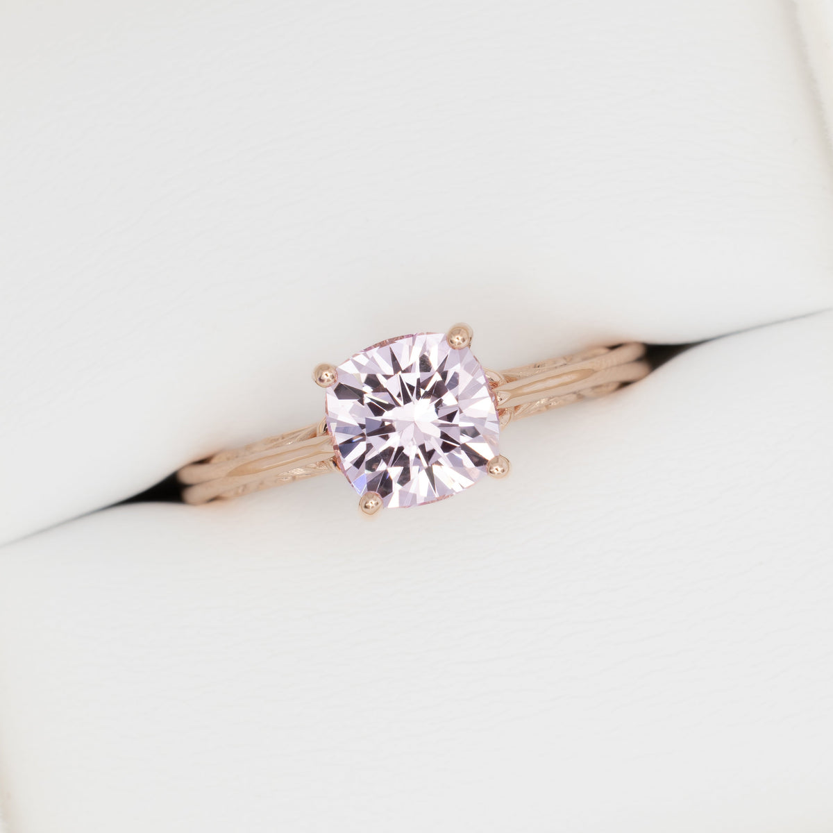 lyric solitaire ring in rose gold with blush pink lab sapphire nova cushion