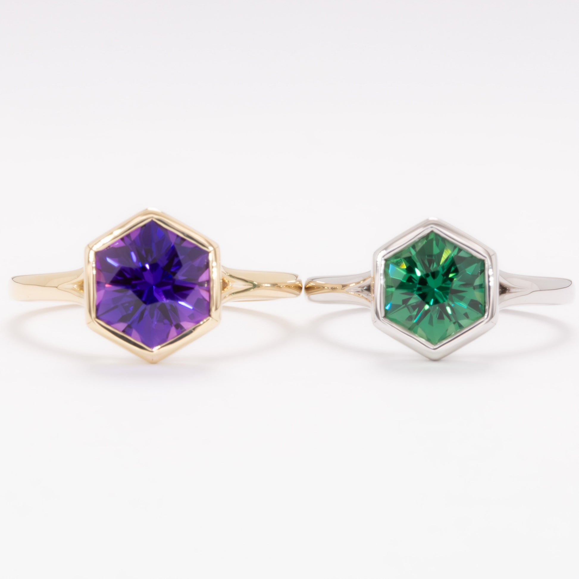margot bezel set solitaire ring with hex cut lab sapphire
