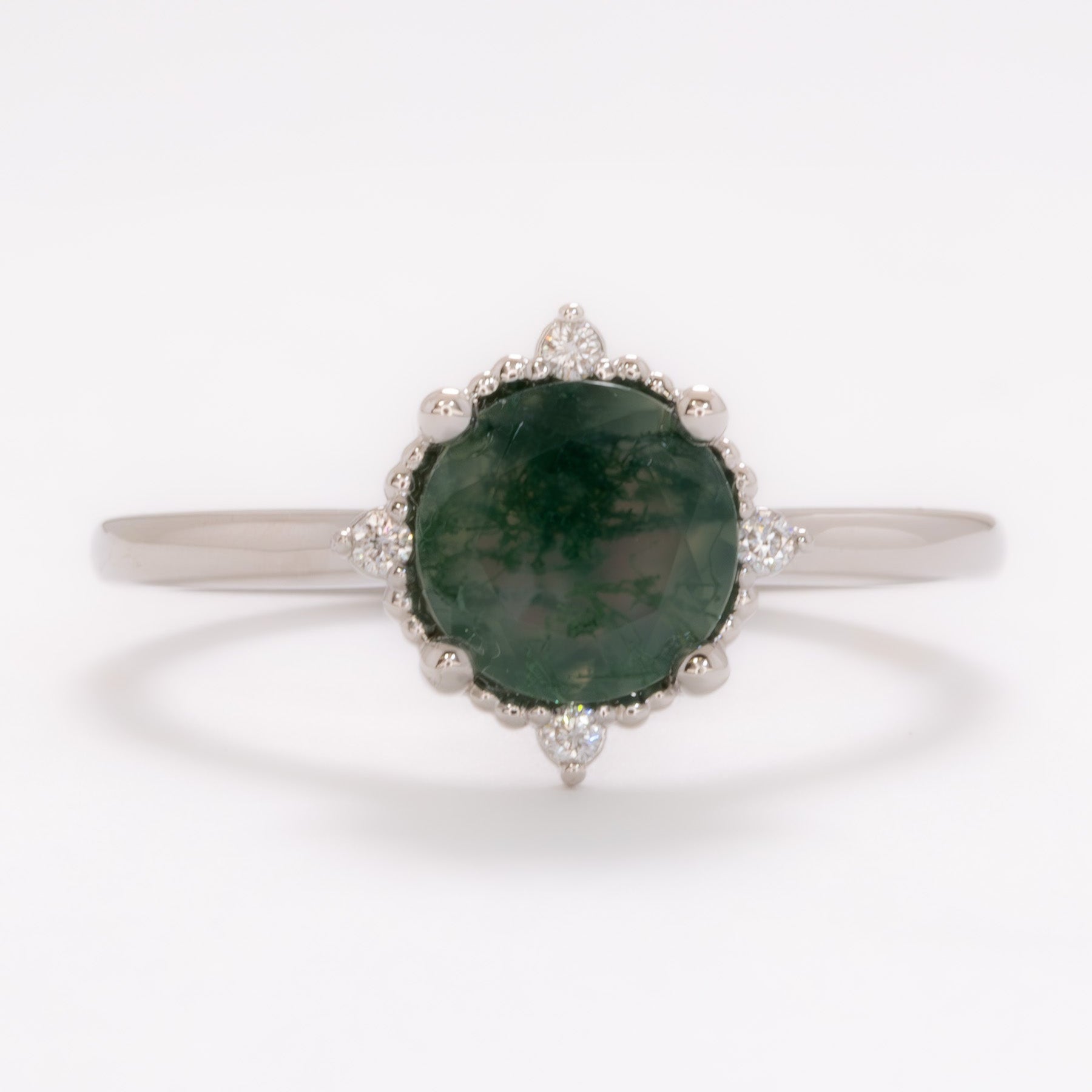 meagan vintage inspired halo ring with round moss agate
