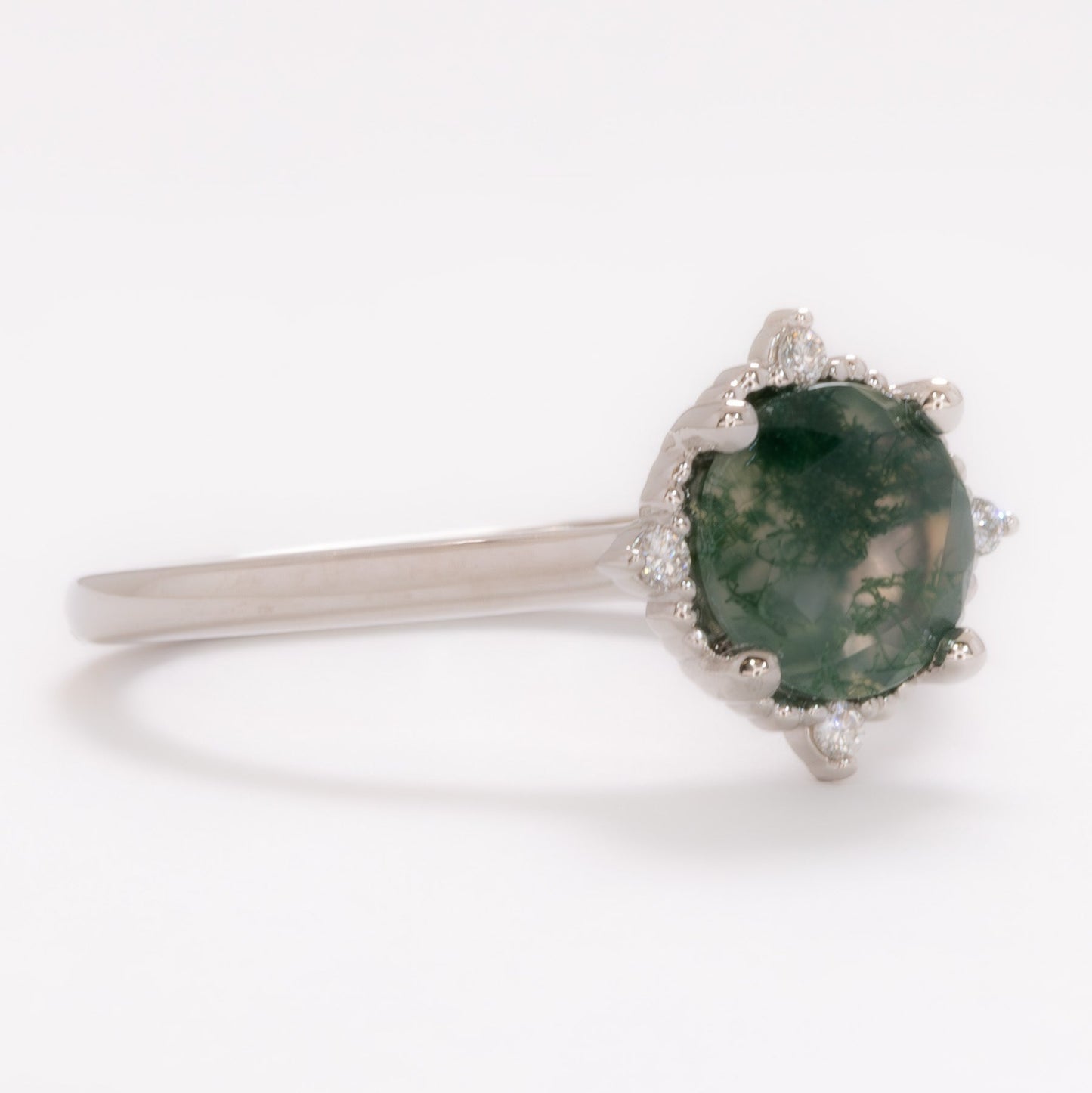 meagan vintage inspired halo ring with round moss agate