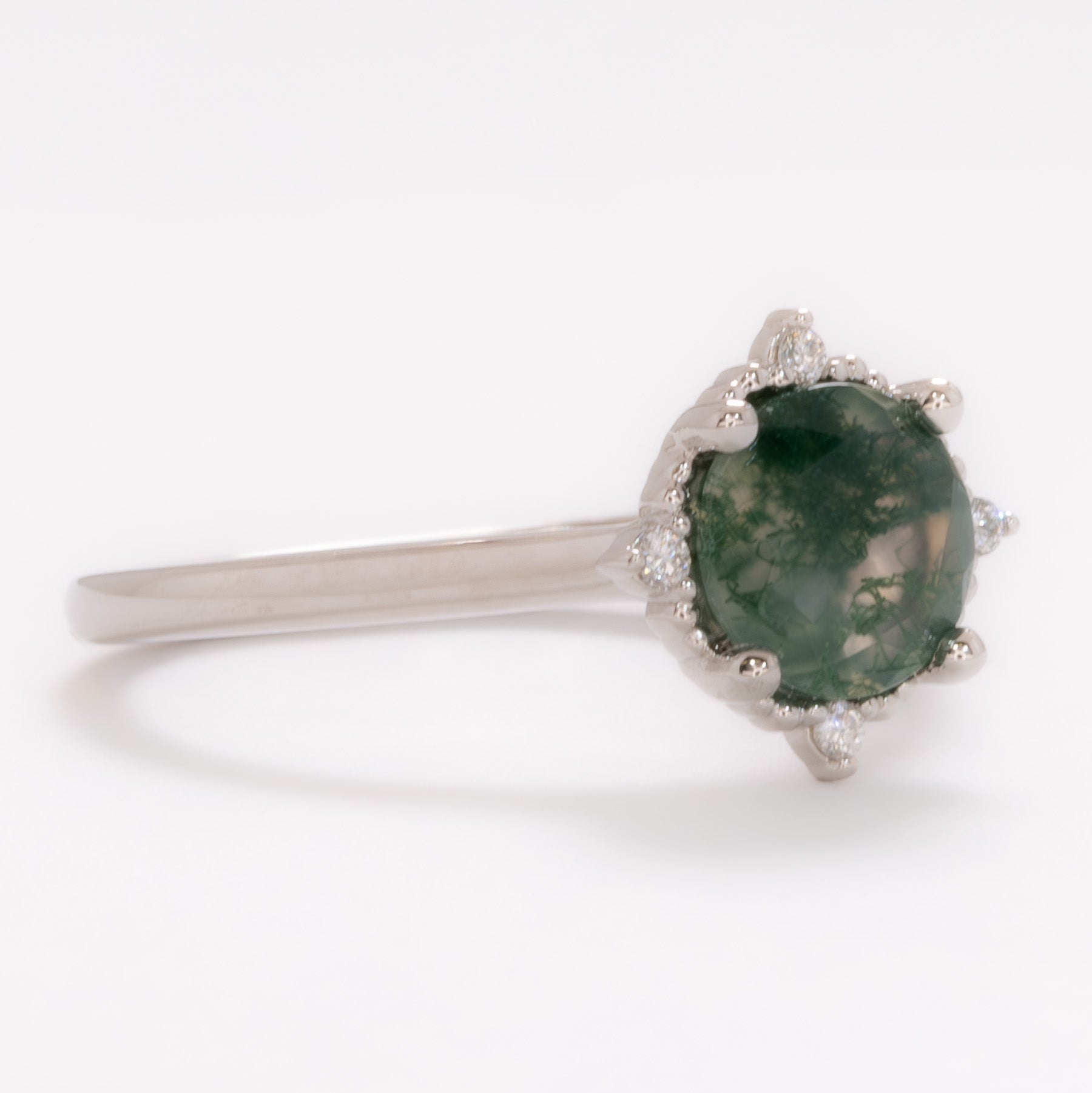 meagan vintage inspired halo ring with round moss agate
