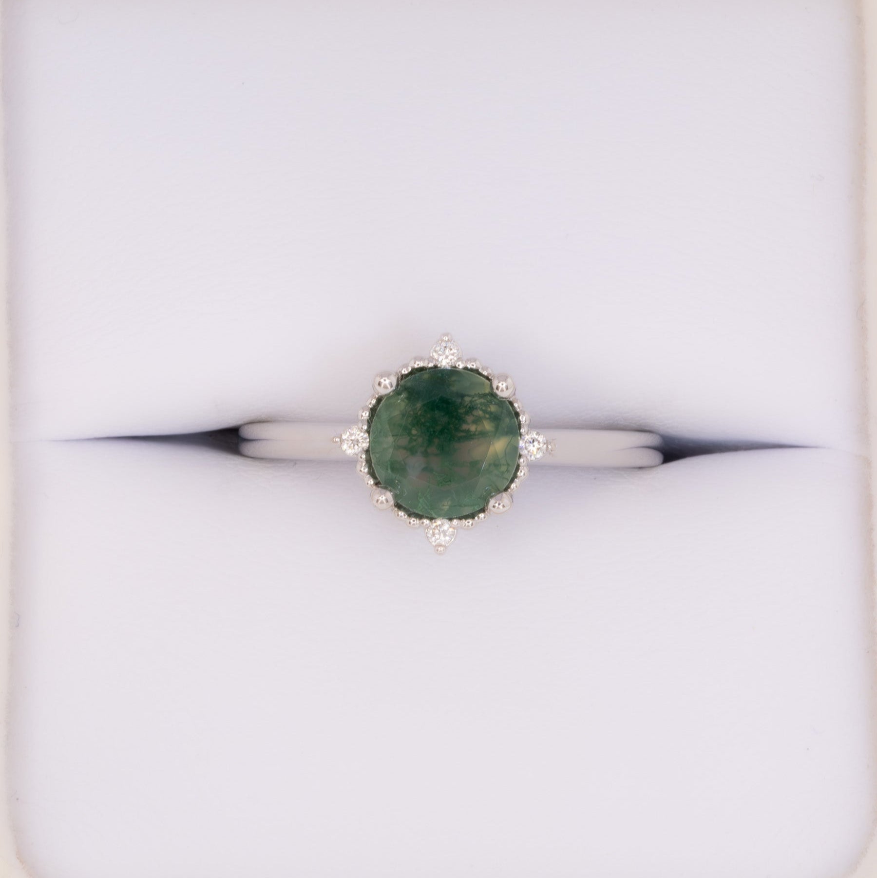meagan vintage inspired halo ring with round moss agate