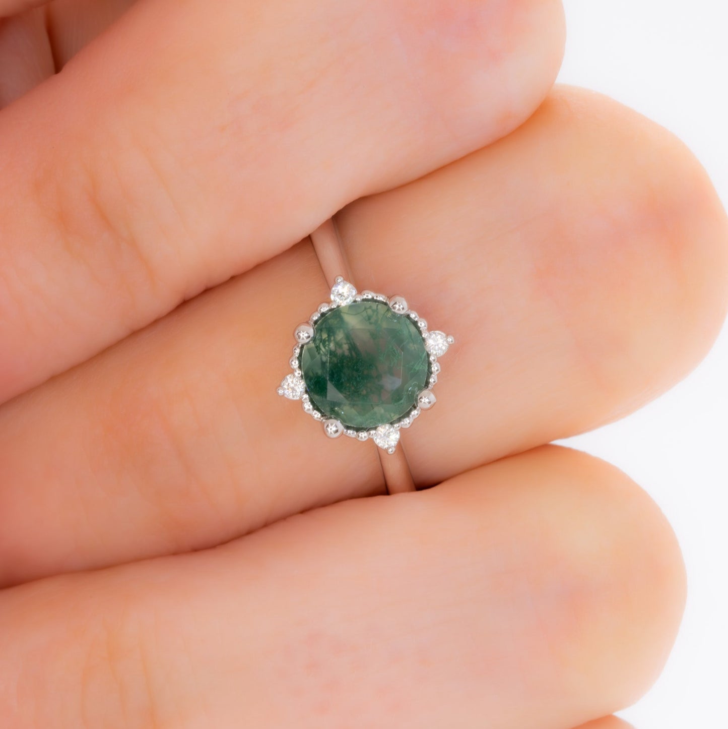 meagan vintage inspired halo ring with round moss agate