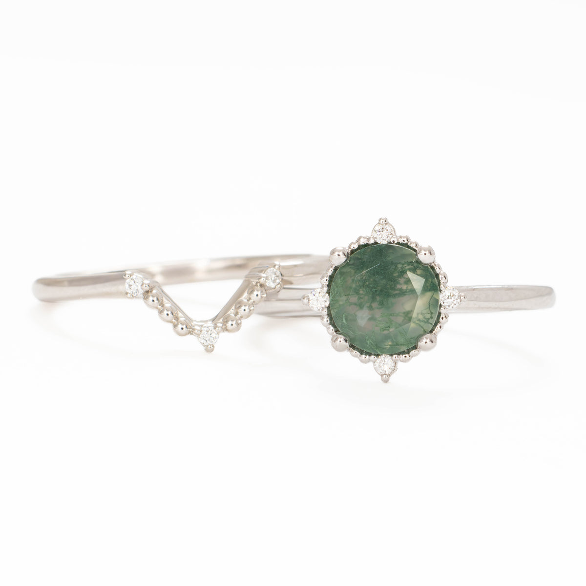 meagan wedding set in white gold with round green moss agate