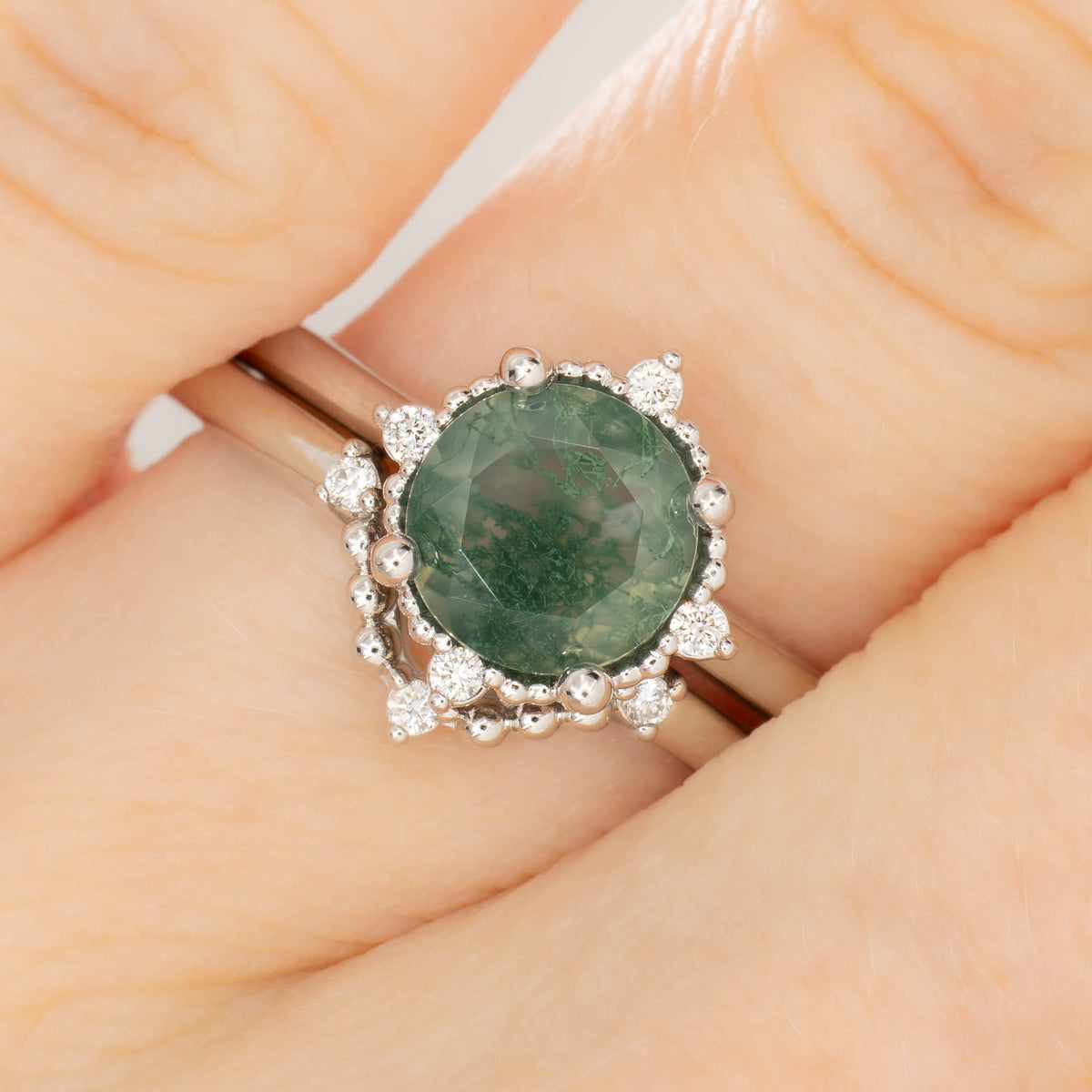 meagan wedding set in white gold with round green moss agate