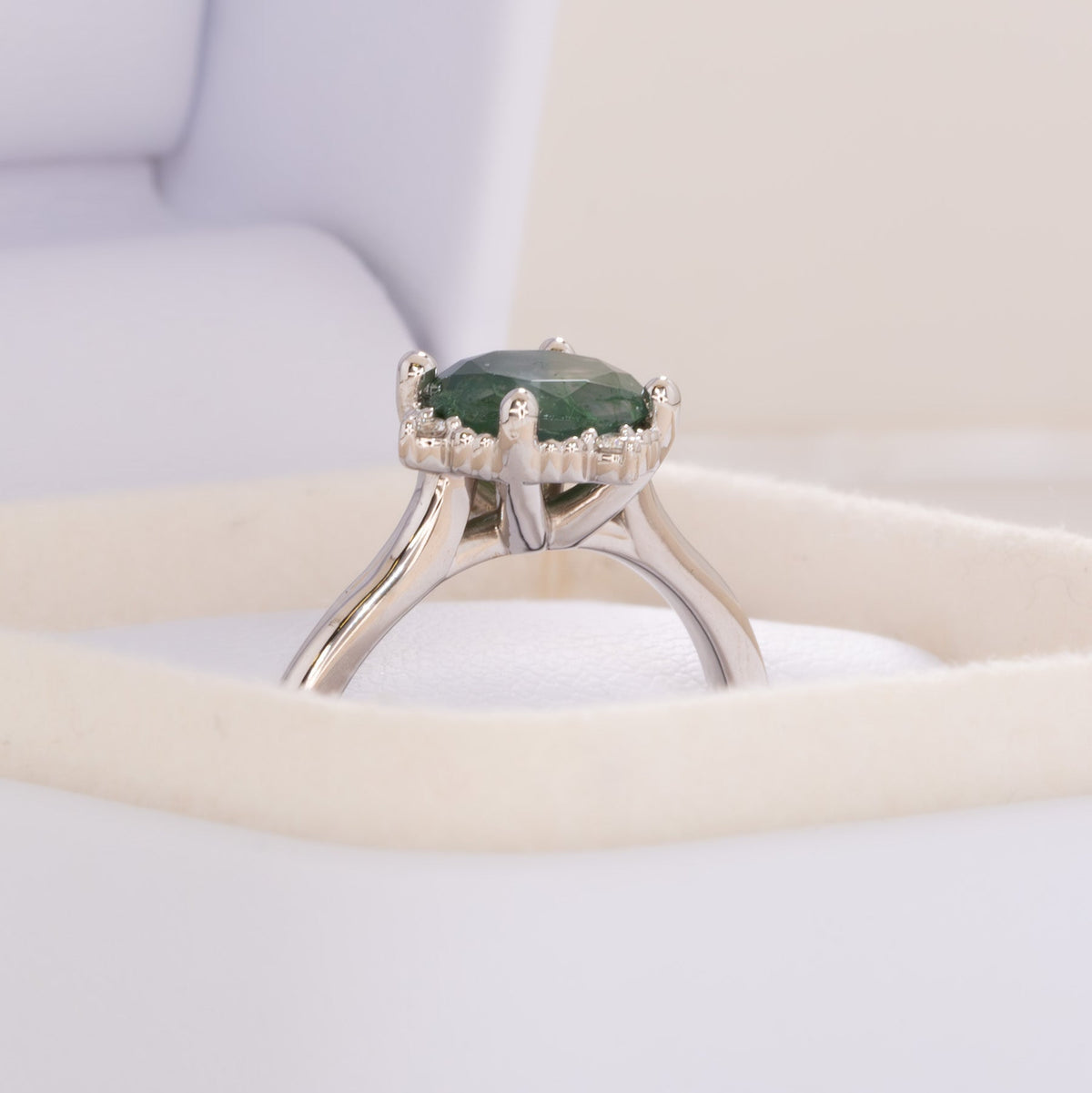 meagan wedding set in white gold with round green moss agate