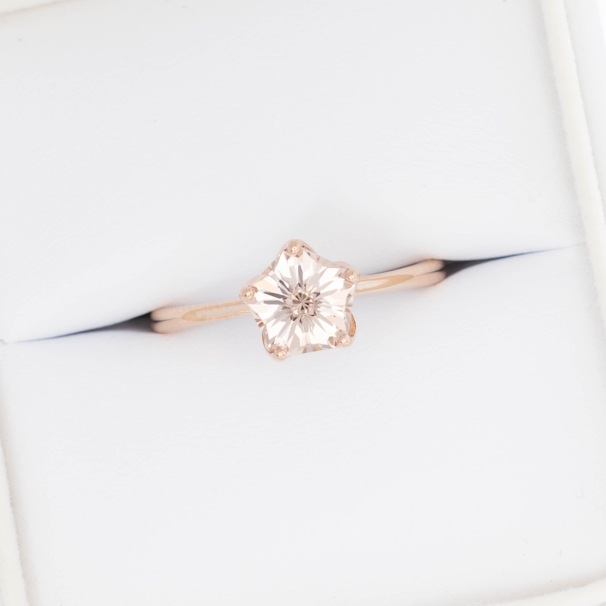 misha solitaire in rose gold with petal basket and pink lab sapphire flower